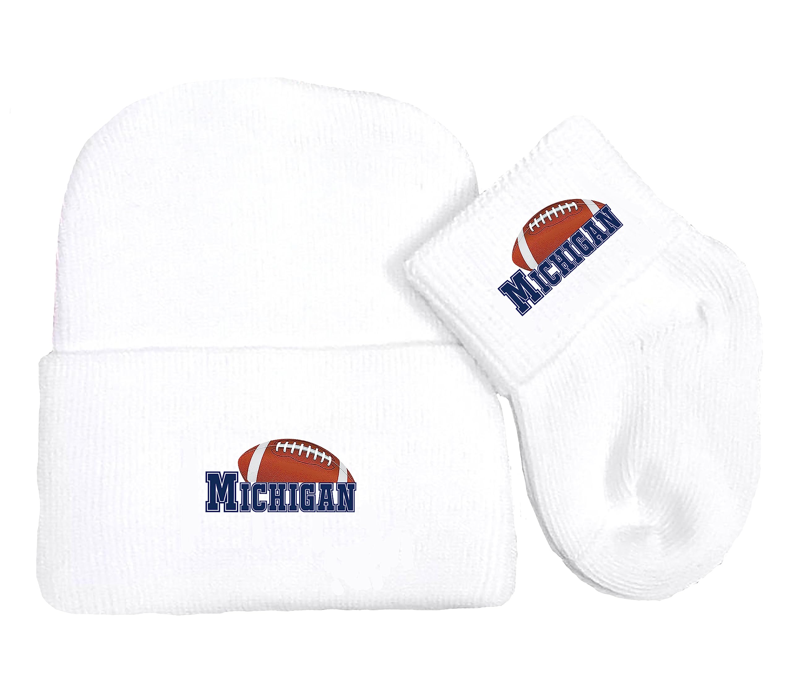 Future Tailgater Newborn Baby Knit Cap and Socks Set for Michigan Football Fans White