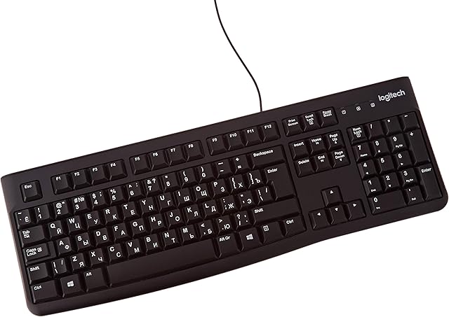Logitech K120 przewodowa klawiatura biznesowa do systemów Windows i Linux, złącze USB, cicha praca, wytrzymała, odporna na zachlapanie, podstawka klawiatury, rosyjski układ - czarna