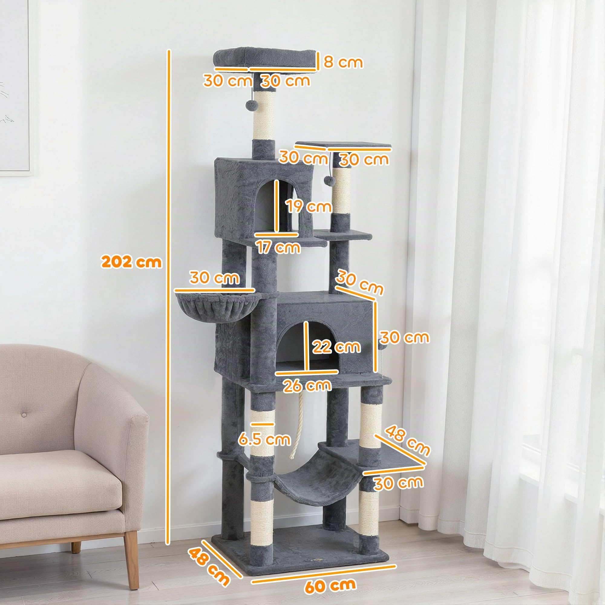 PawHut Tiragraffi per Gatti Alto 202 cm con 6 Pali Graffiatoi Grigio Scuro | Albero per Gatti, 2 Grotte, 2 Cucce, Amaca, 3 Pompon, Piattaforma e Corda, Torre per Gattini, Peluche, Per Gatti Adulti