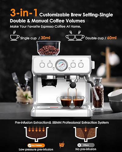 Miniatura 3 de Joy Pebble Máquina de café expreso, 20 bares, máquina de café expreso profesional con molinillo de granos de café, máquina de café para espresso,