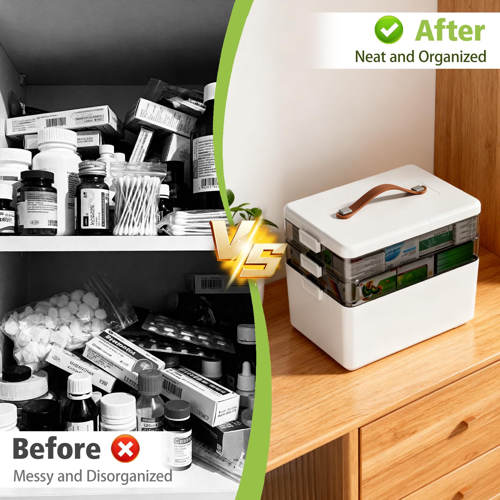 Caja de almacenamiento de medicamentos, organizador de medicamentos de 3 niveles con asa, caja de primeros auxilios portátil de gran capacidad para el hogar, la escuela, la oficina