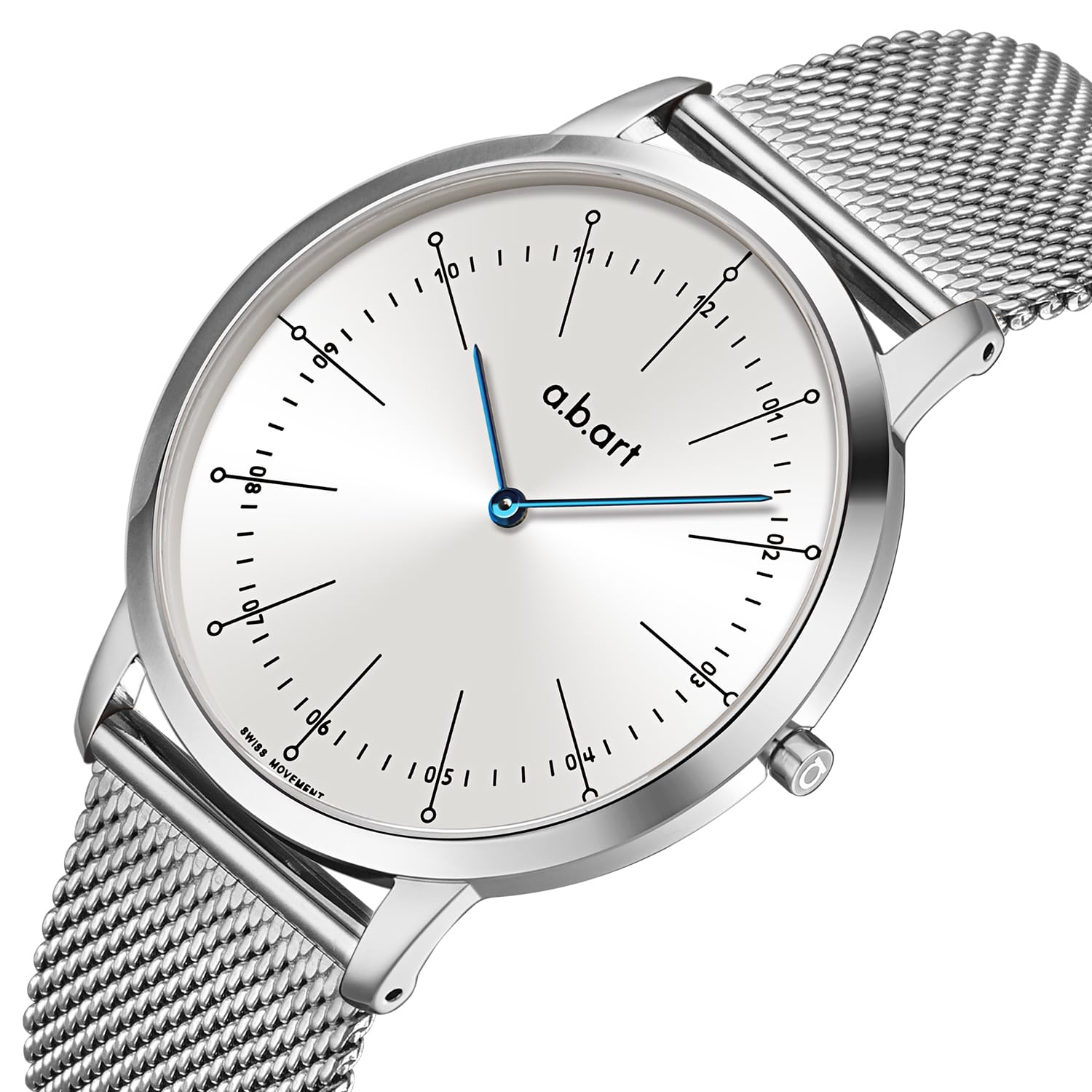 a.b.art Herrenuhr, Quarzuhr mit Schweizer Ronda-Uhrwerk, Saphirglas, weißes Zifferblatt, silbernes Milanaise-Armband, ultraflaches Design, 41 mm