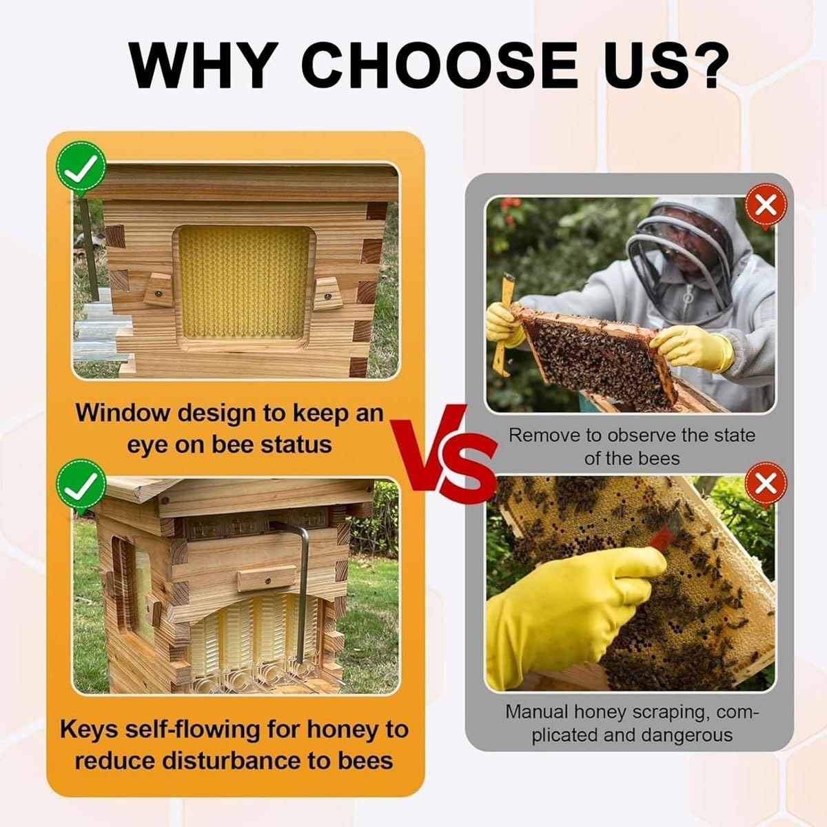 Kit de démarrage de ruche avec 4 cadres et 6 plateaux en nid d'abeille, boîte complète en bois d'apiculture avec fenêtre d'observation et bec à miel, pour pollinisateurs de jardin