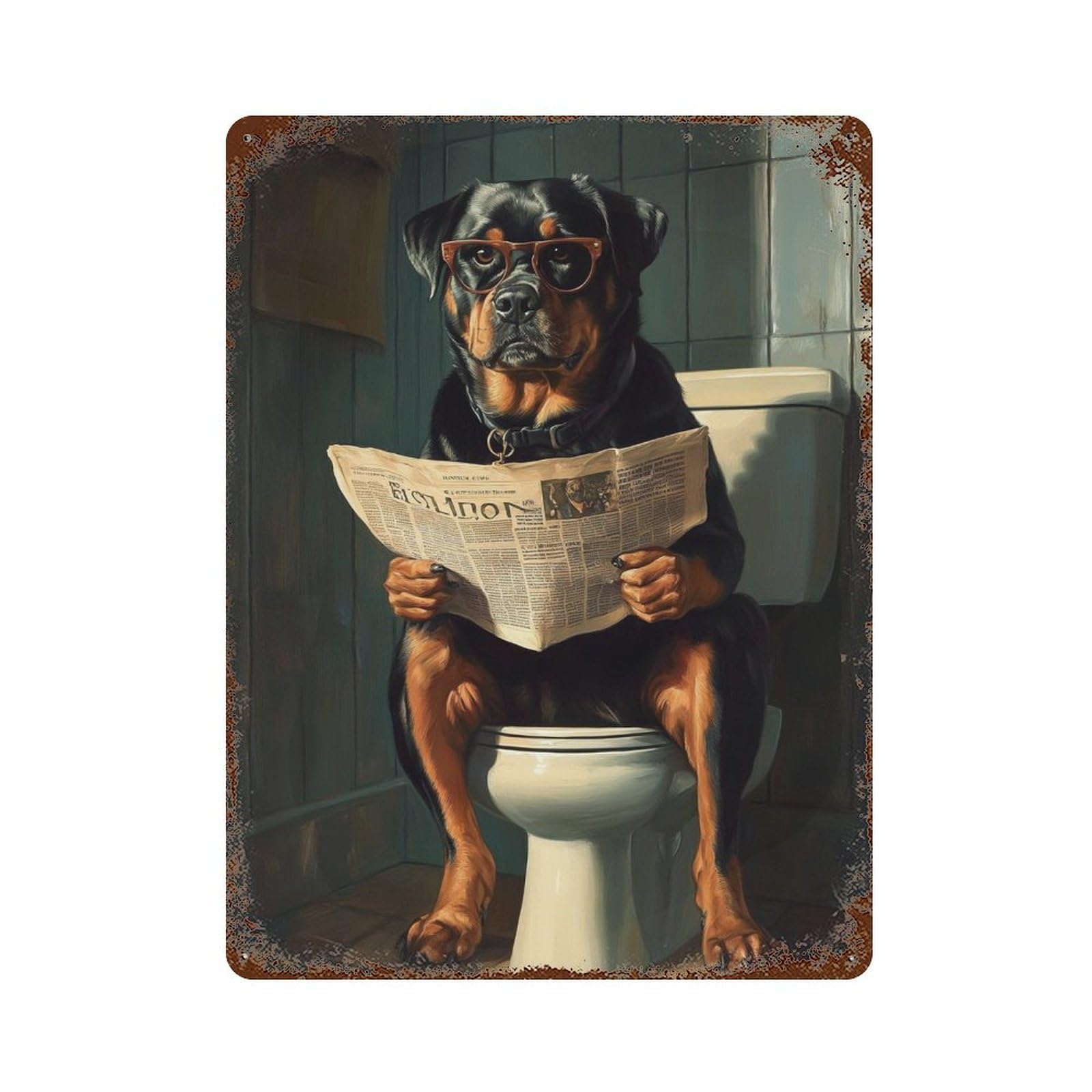 Rottweiler Reading Newspaper on Toilet Rustic Tin Plaque 15.7"x11.8", Ideal for Office, Studio And Wall Decor