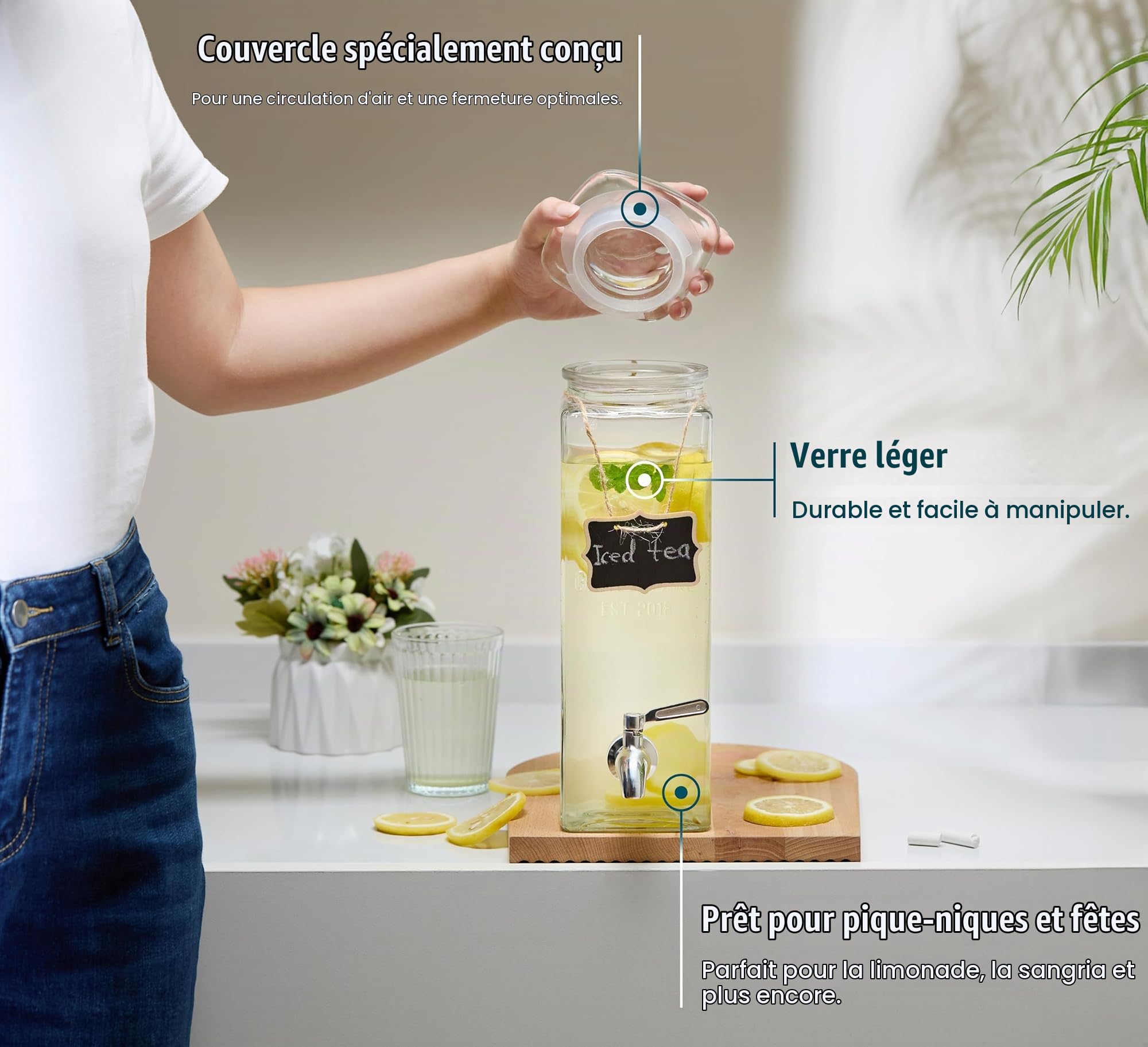 Kook Distributeur de boissons, 2,3 l, distributeur d'eau de comptoir, distributeur de boissons en verre, avec robinet étanche, bocal rectangulaire transparent, rangement pour fête, réfrigérateur, eau