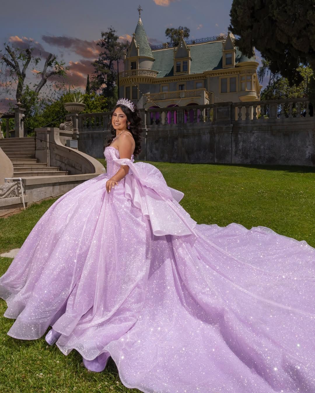 Youjiayi Glitter Tulle Quinceanera Dresses with Bow Off Shoulder Sweet 16 Dresses with Train Princess Beaded Ball Gown