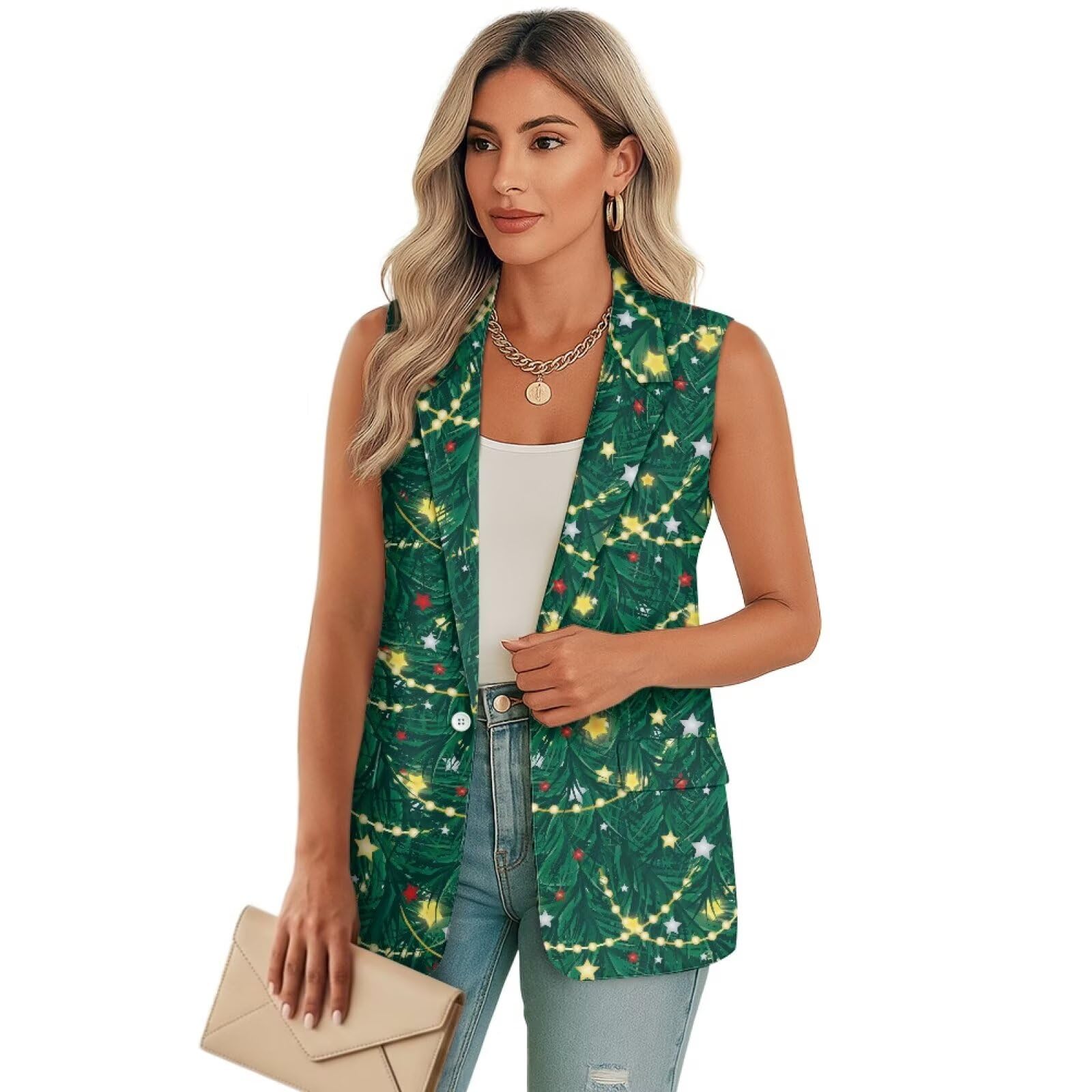 Womens Sleeveless Vest Blazer Single Button Fully Lined Casual Open Front Workout Daily Jacket Tops with Pockets