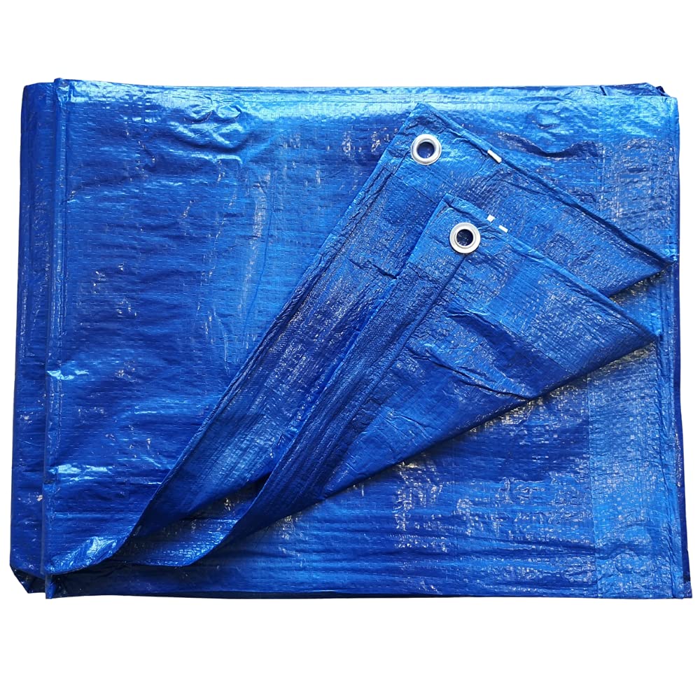 Tarpaulin Waterproof Ground Sheet Cover With Metal Fixing Eyelets & Rope Reinforced Hems (Blue, 1.5m x 2m)