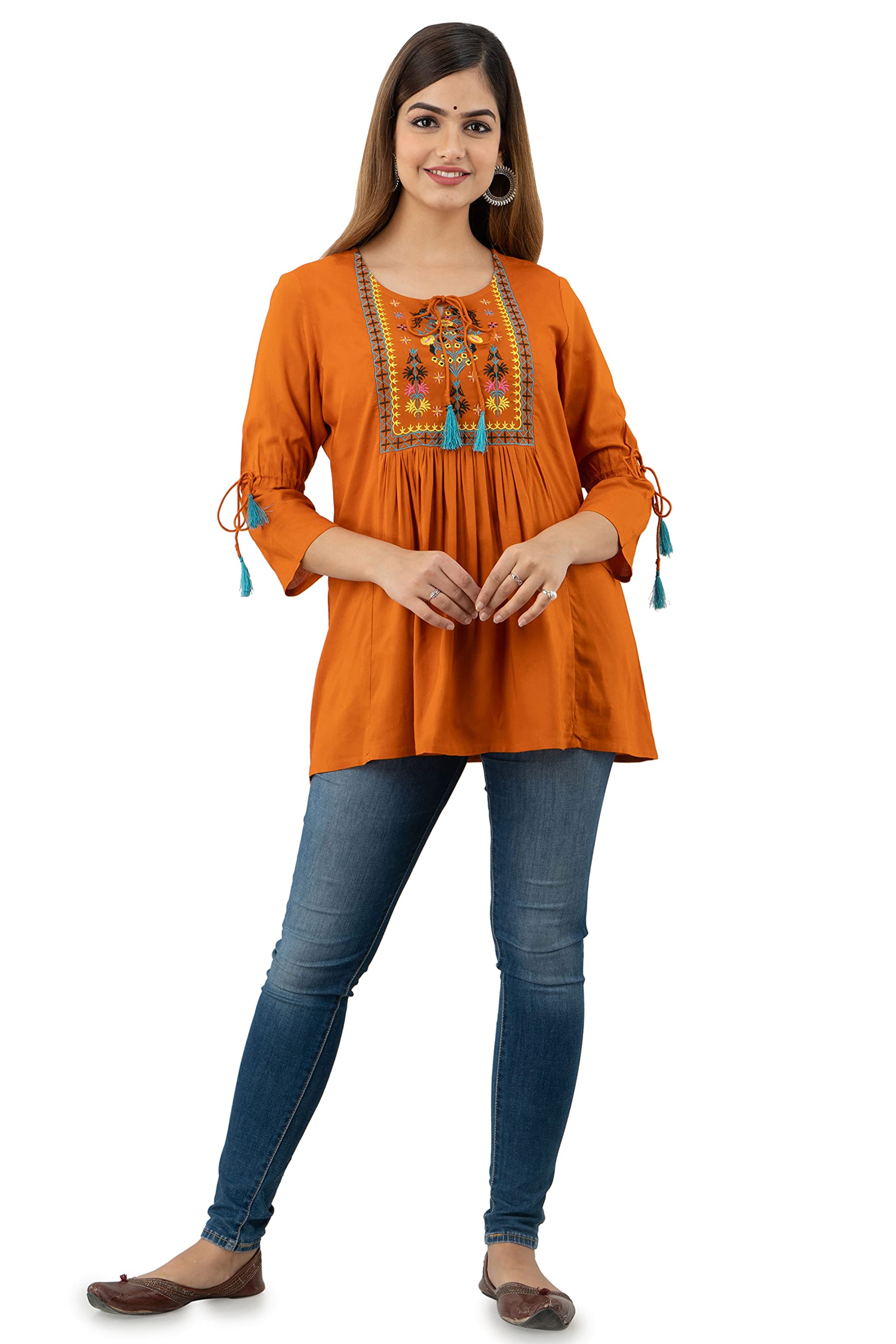 DMP EXPORTWomen's Rayon Embroidery Work Top with Tasseles at Front and on Both Sleeves