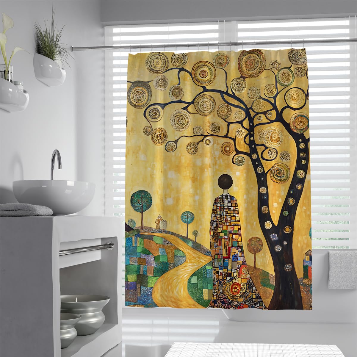Abstract Tree of Life Shower Curtain Set 180x180 Famous Painting Print Bathroom Curtain Boho Vintage Swirl Path Pattern Bathroom Decor with Hooks