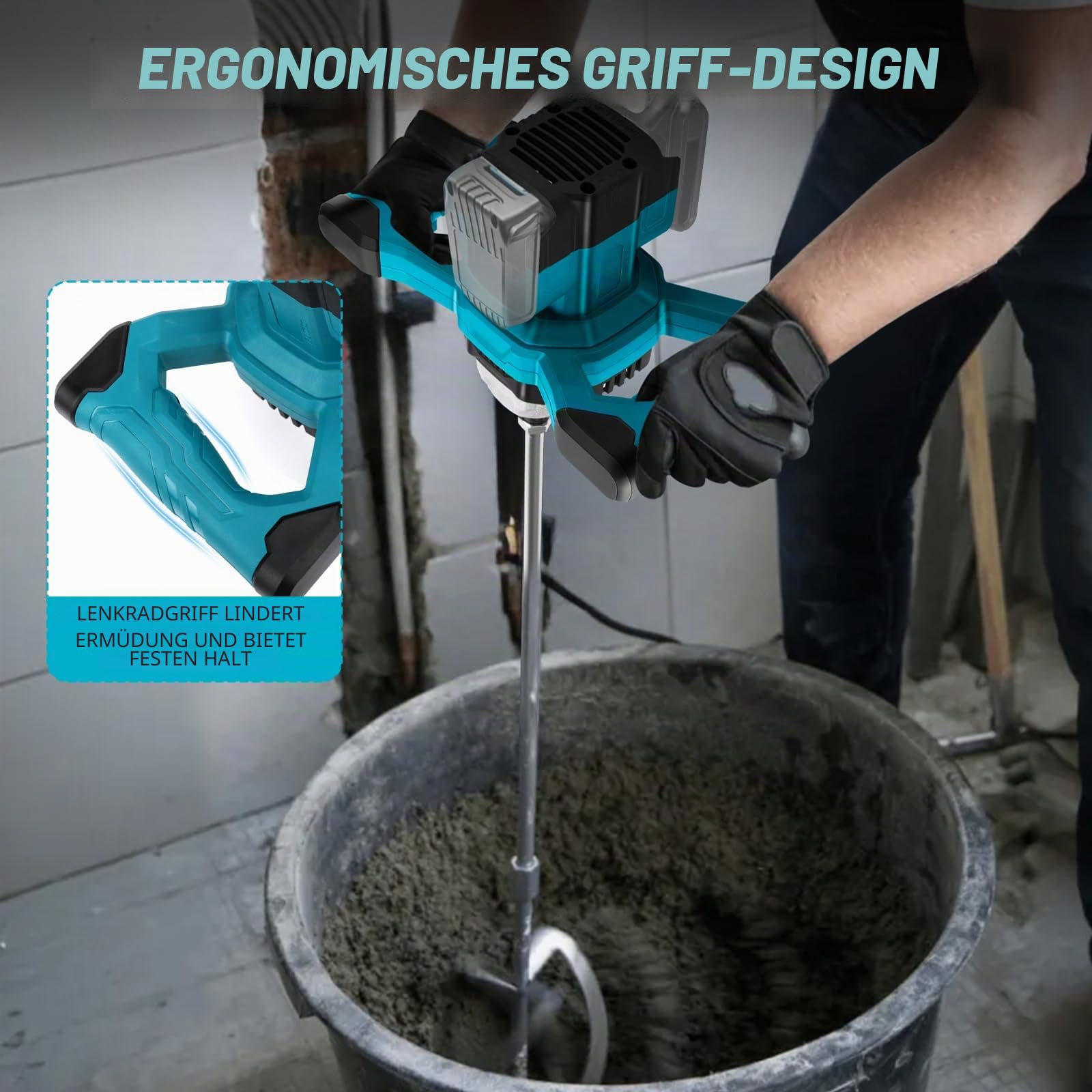 Akku Farbmörtelrührer Kompatibel mit Makita 18V Batterie, 3200W Rührwerk Mörtelrührer Zementrührer mit 2x2600mAh Akkus, 6-Gang, Brushless Farb-Mörtelrührer für Zement, Beton und Farbe
