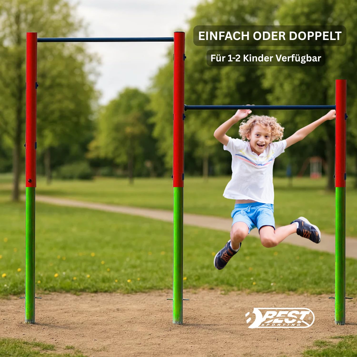 Best Sporting Turnreck Garten I Reckstange Garten Kinder und Erwachsene I Höhenverstellbare Kletterstange Outdoor in Grün-Rot-Blau I Turngeräte für Kinder für Spaß im Garten I Doppel - 241cm