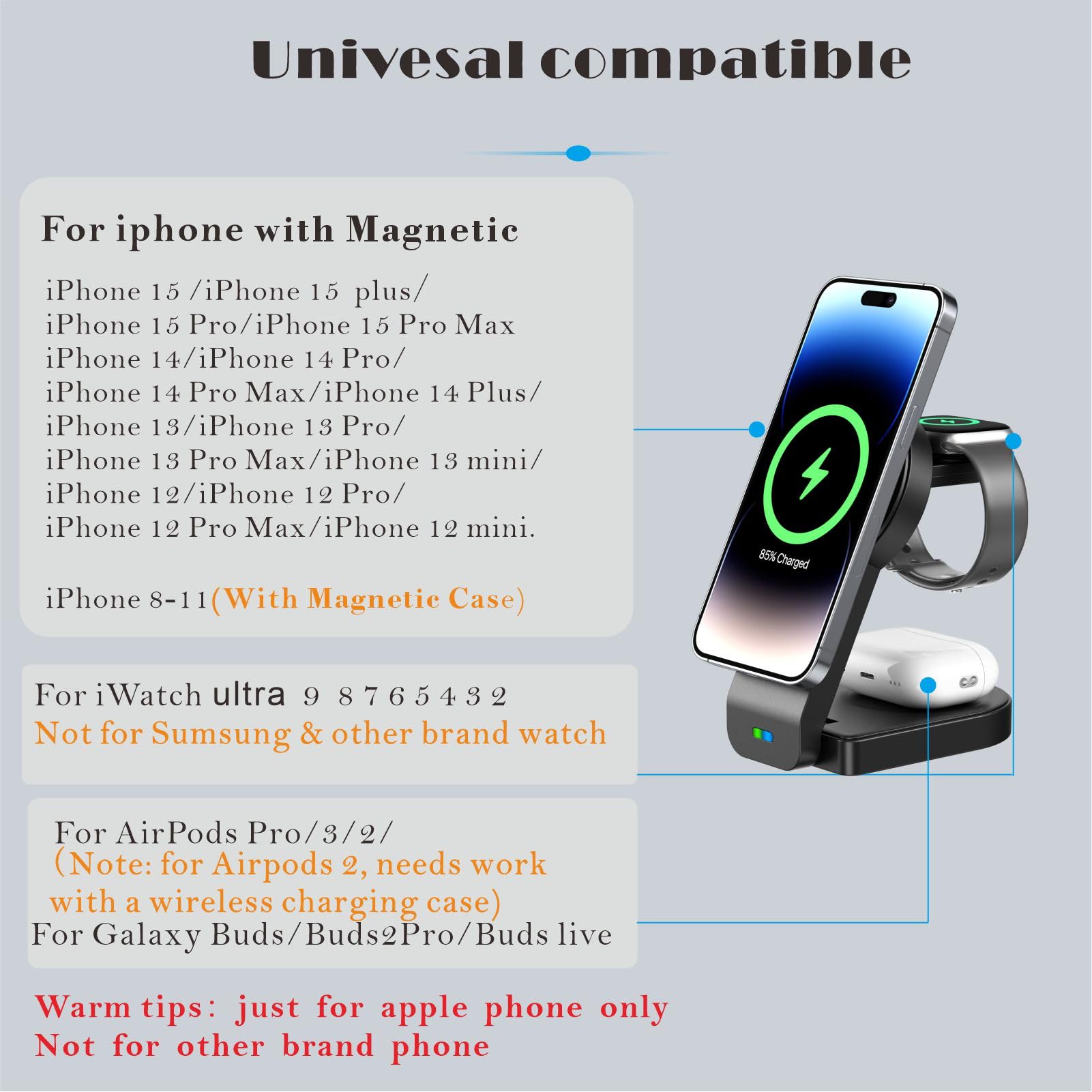 3 in 1 Wireless Charging Station for Apple MagSafe Charger Multiple Devices,Magnetic Foldable 15W Fast Wireless Charger Stand for iPhone 15/14/13/12/Pro Max/Pro iWatch Ultra/9/8/7/6/5/4/3/2 AirPods