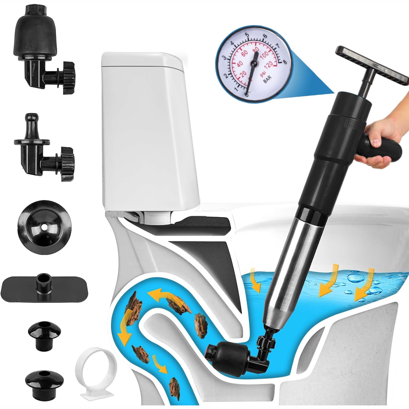 Limpiador de tuberías de aire comprimido de alta presión con compresión de aire, 4 ventosas, para inodoro, lavabo, baño, ducha, cocina, indicador de presión (negro)