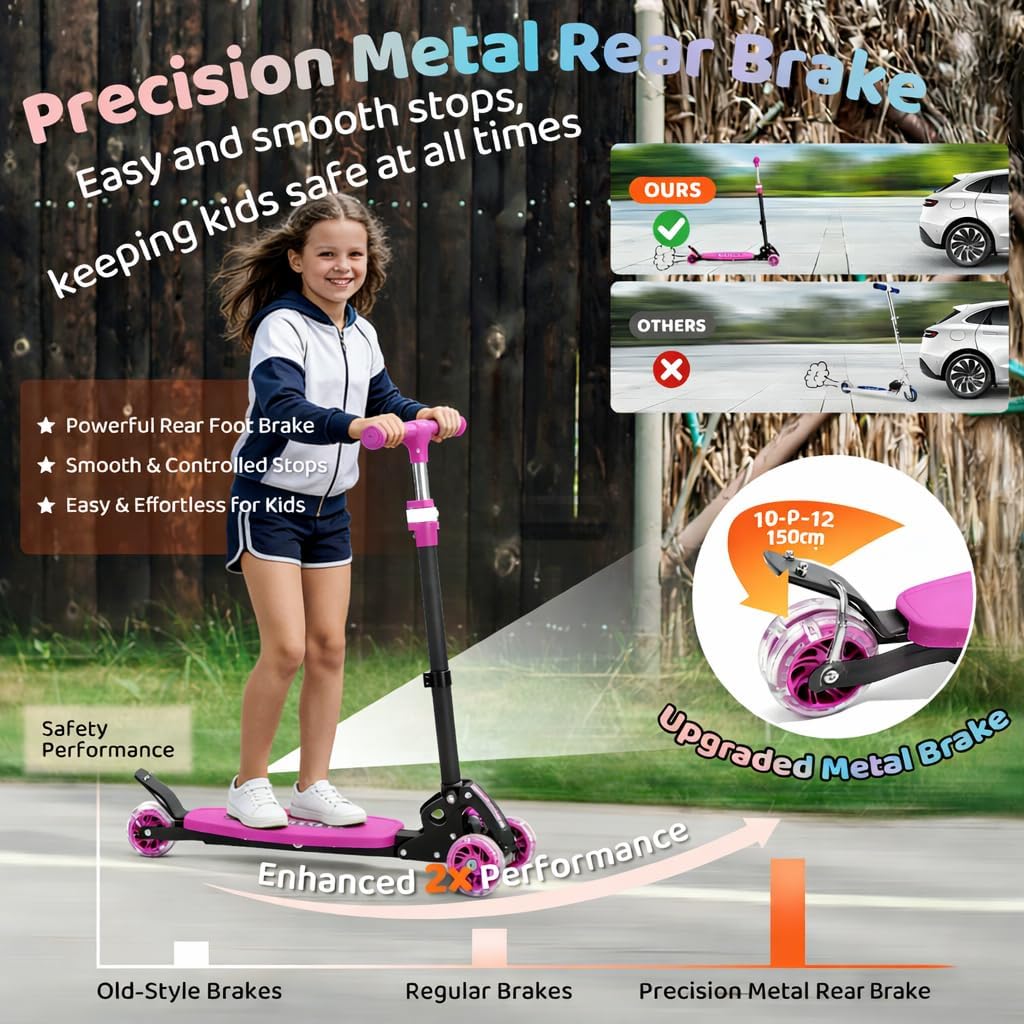 Kick Scooters for Kids 5-7 8-12,Lean to Steer,Three Wheeled Light Up,28"-32" Adjustable Handlebar,Widen Anti-Slip Deck,Floor Push Scooter for Boys Girls Ages 6-12 3-4 Old,Foldable for Travel