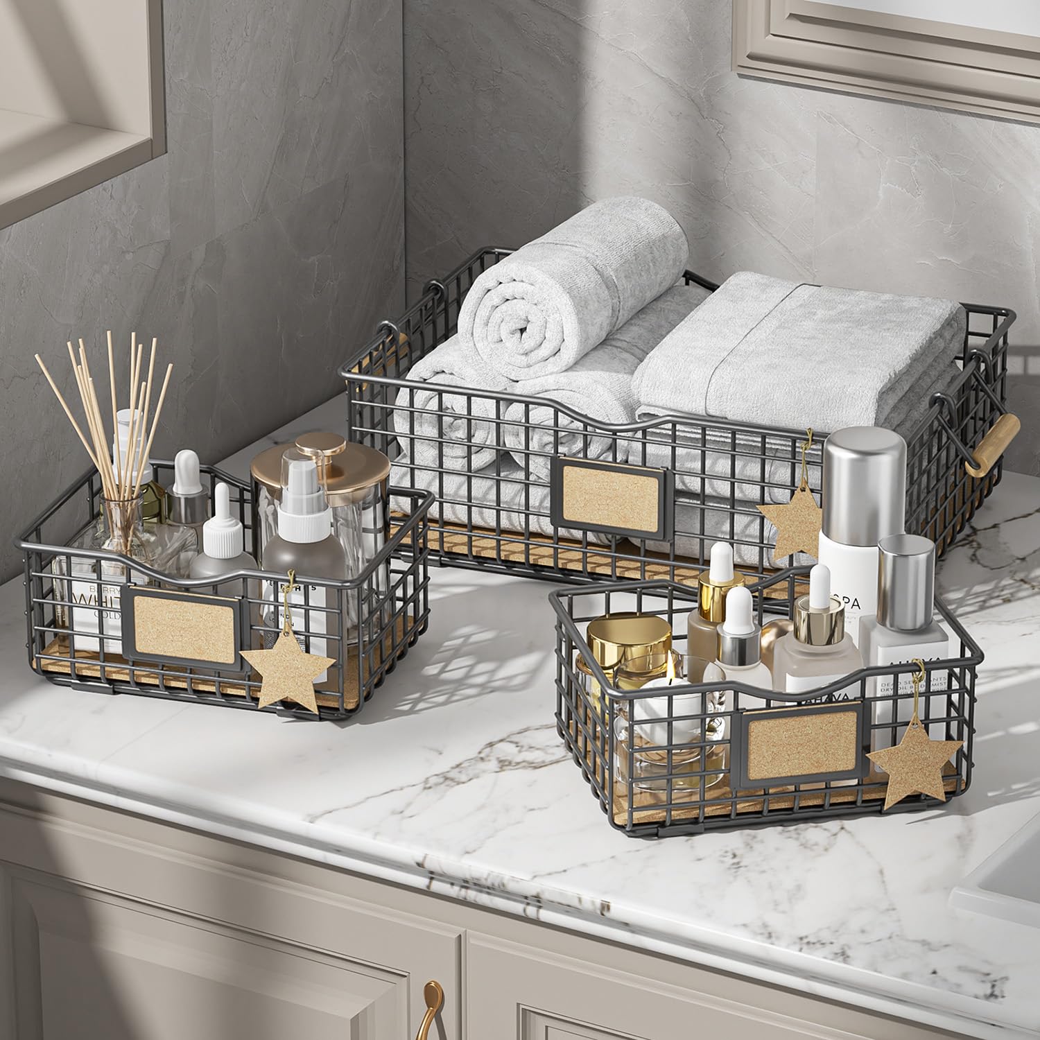 Qcold Bathroom Tray Organizers and Storage, 3 Pack Storage Baskets with Wooden Handles, Multipurpose for Bathroom, Coffee Bar, Kitchen cabinet, Living