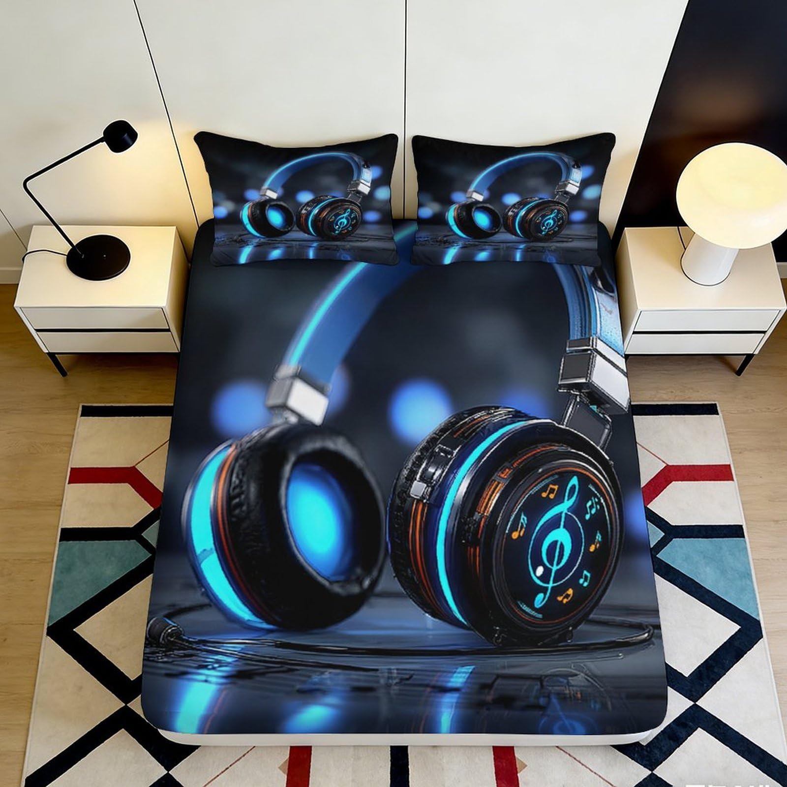 3D Printed Neon Headphones Fitted Sheet Microfiber Soft Durable Music Notes Bed Cover for Bedroom Dormitory Guest Room Mattress Protection 160x200x25cm