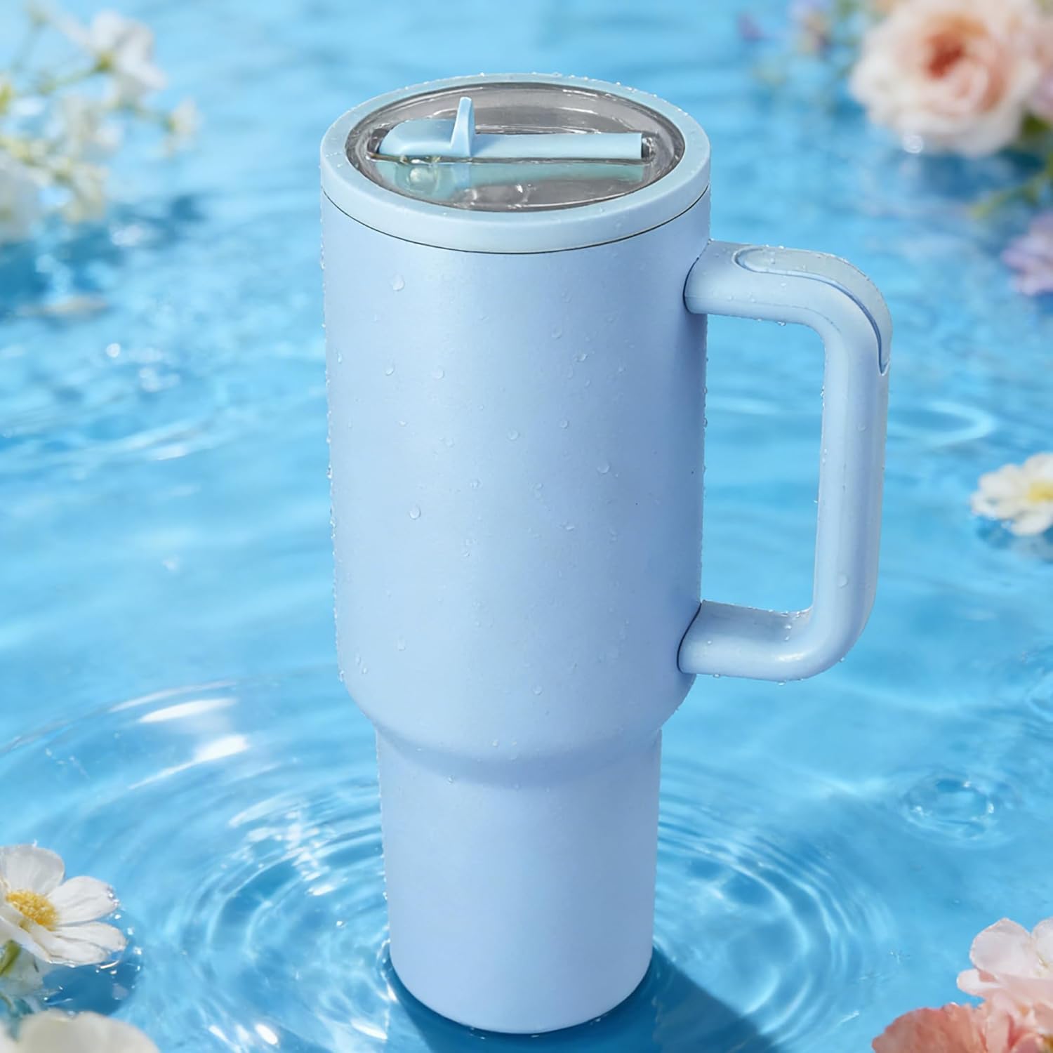 40 oz Insulated Tumbler with Handle and Straw, 100% Leakproof Stainless Steel Water Bottle Travel Mug, Valentine's Day Tumbler, Gifts for Men & Women,Cup Holder Friendly,BPA-Free (Light Blue) - Image 8