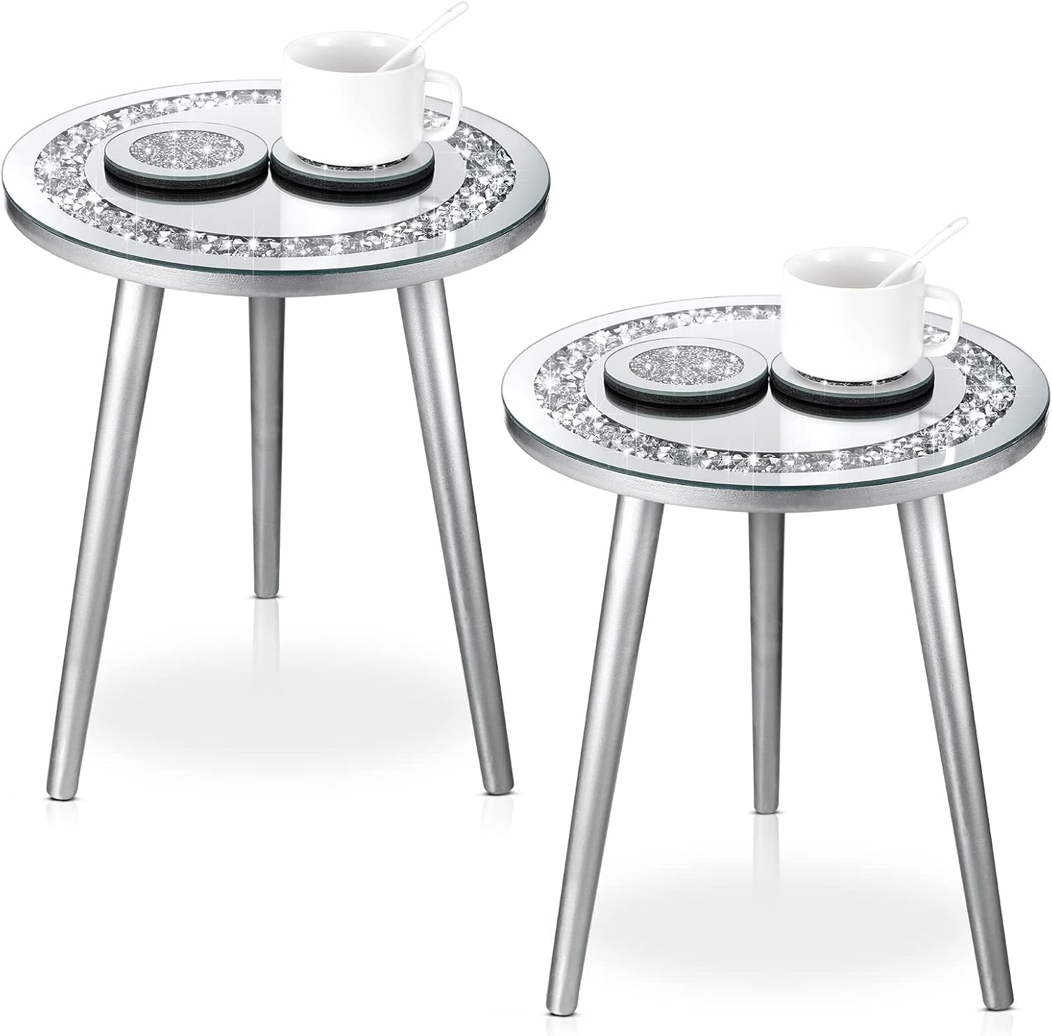 Weysat 6 Pcs Mirrored End Table with Glass Mirrored Coaster