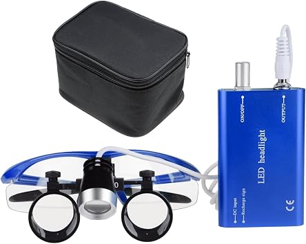 Binocular Loupes Optical Magnifying Glasses +1W Portable LED Headlight Lamp +Black Cloth Bag Blue, 3.5X