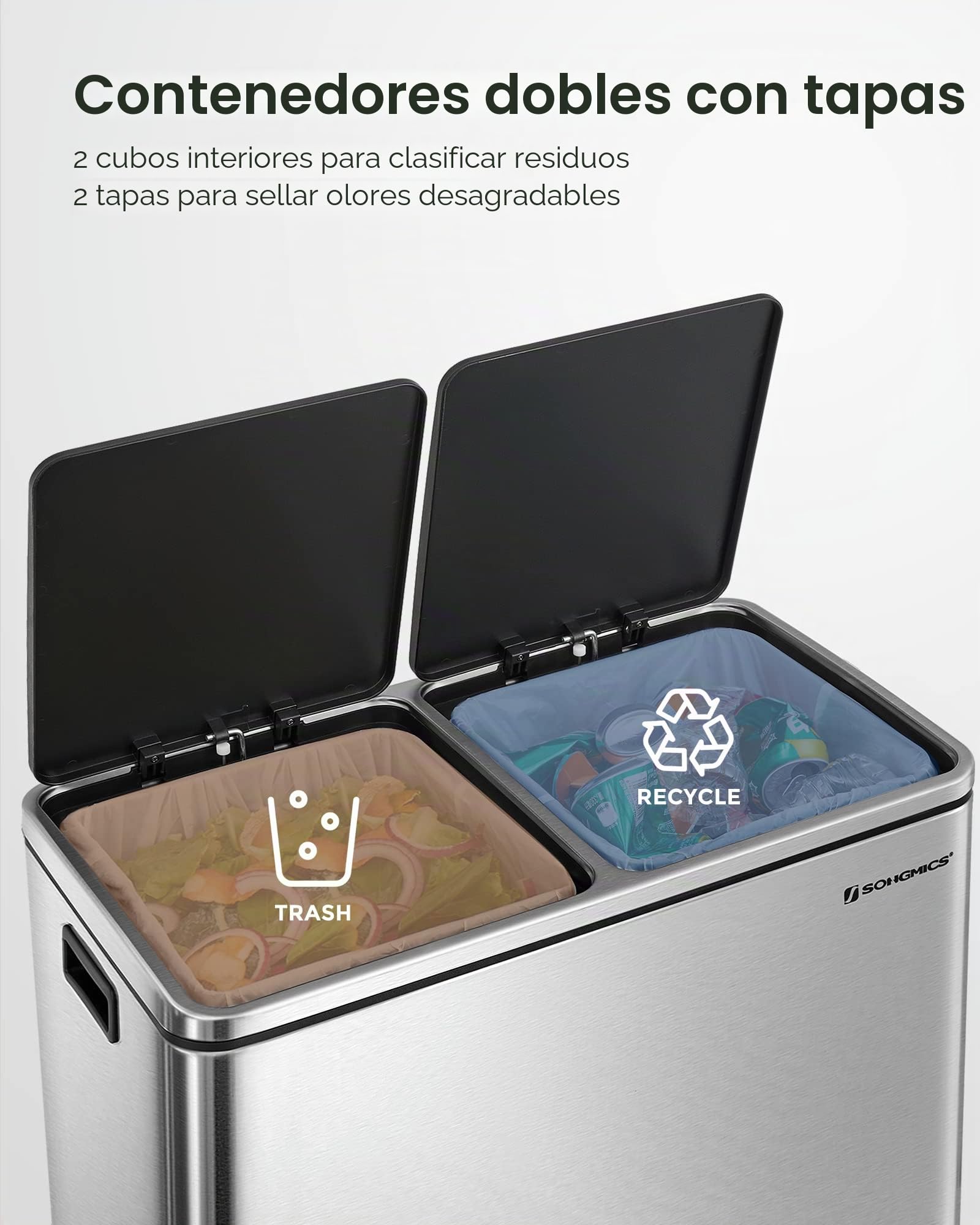 SONGMICS Bote de basura, 2 x 8 galones (2 x 30 L) para cocina, con 15 bolsas de basura, 2 compartimentos, cubos interiores de plástico y tapas con bisagras, hermético, plateado y negro ULTB60NL