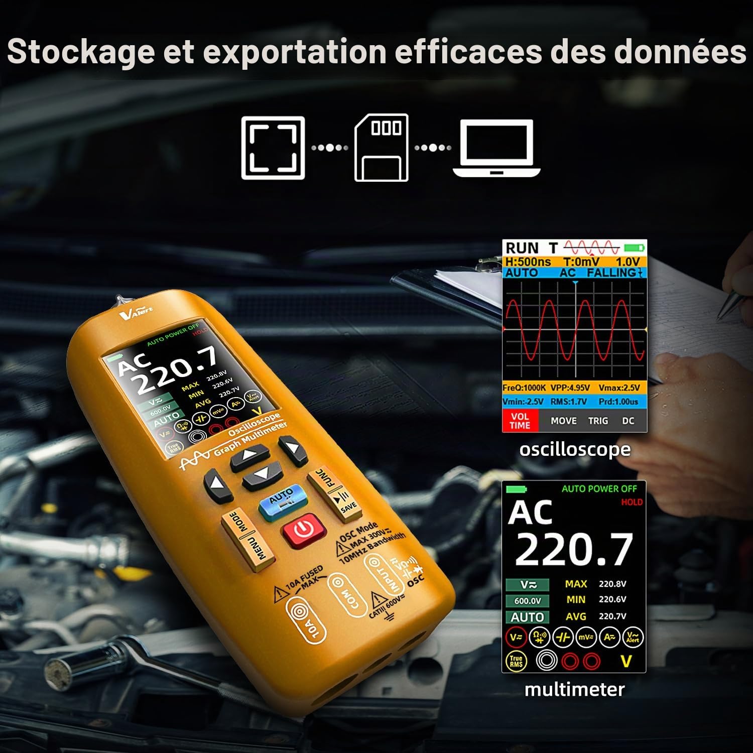 Multimètre Numérique Rechargeable avec Oscilloscope Portable 10Mhz 48MSa/s True RMS Transfert de Données Auto Calibration Testeur de Courant Tension Capacié Continuité Résistance Diode NCV