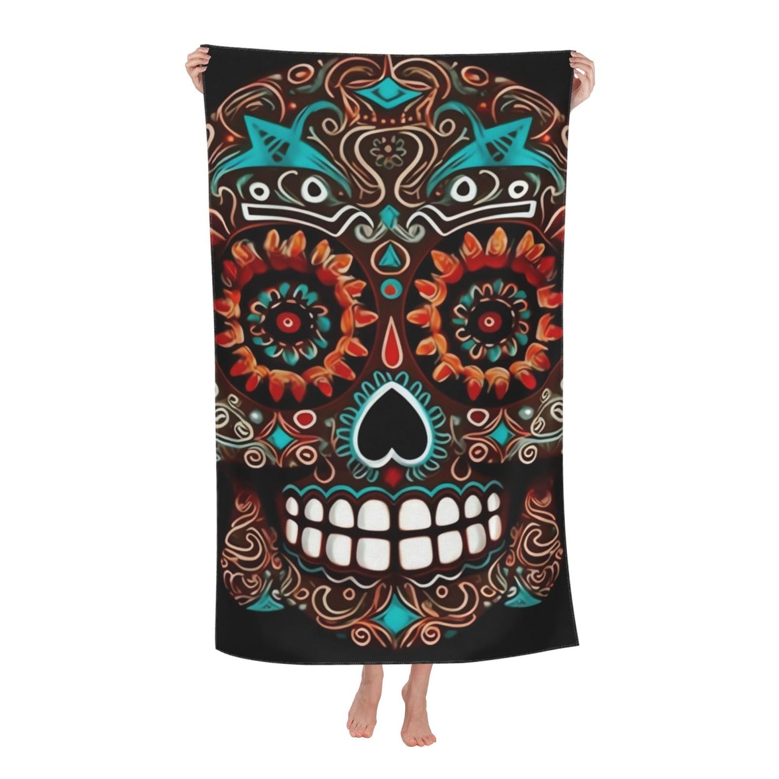 FodPand Sugar Skulls Day of the Dead Beach Towel Oversized 52 x 32 in Sand Free Pool Swim Towels for Adult Travel Blanket Lightweight Quick Dry Absorbent Bath Towels Cruise Vacation Accessories