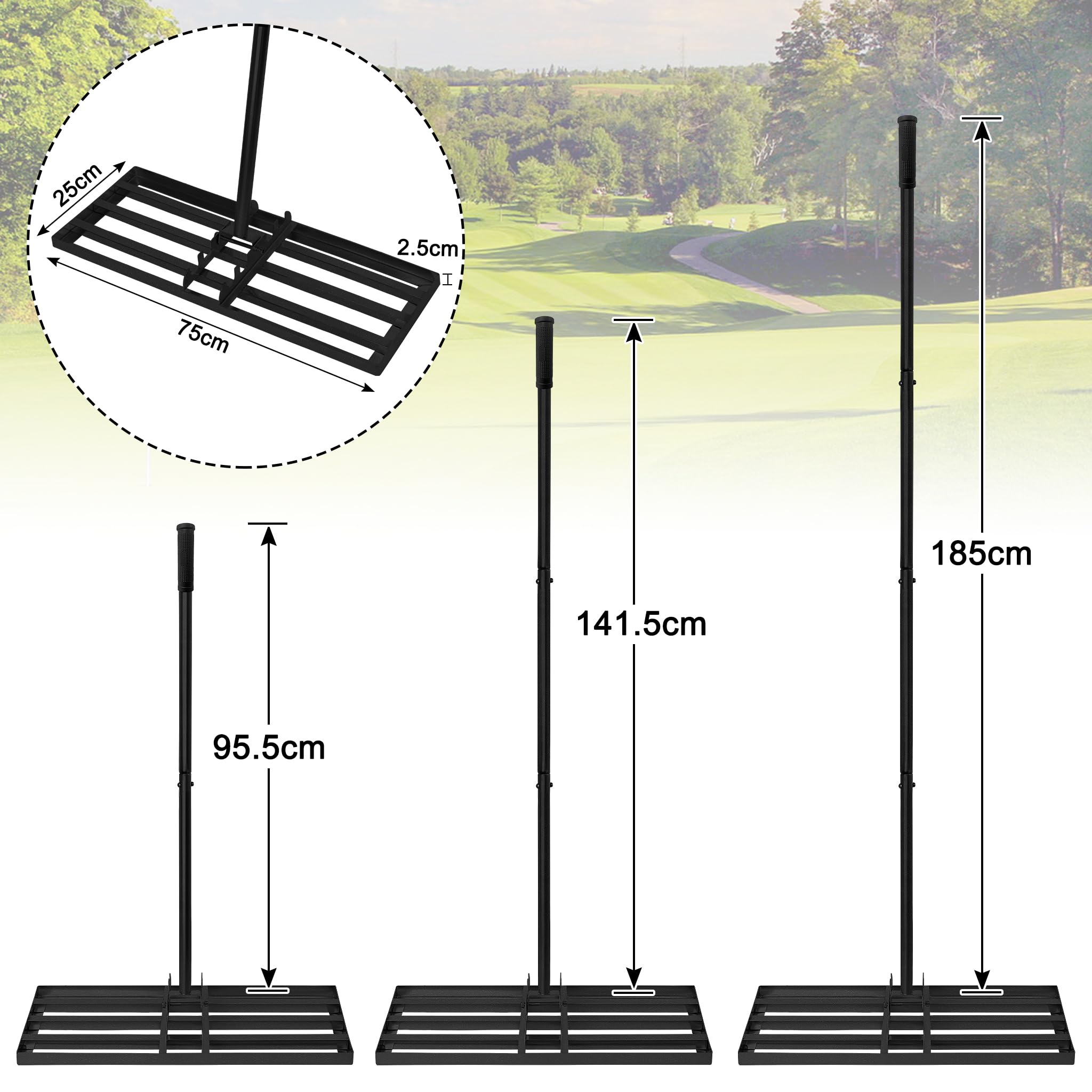 Froadp Rascador de césped de acero inoxidable, rastrillo de jardín, con mango de goma antideslizante, longitud ajustable, 101 – 202 cm, para arena, eliminación de césped perfecto (25 x 76 cm)