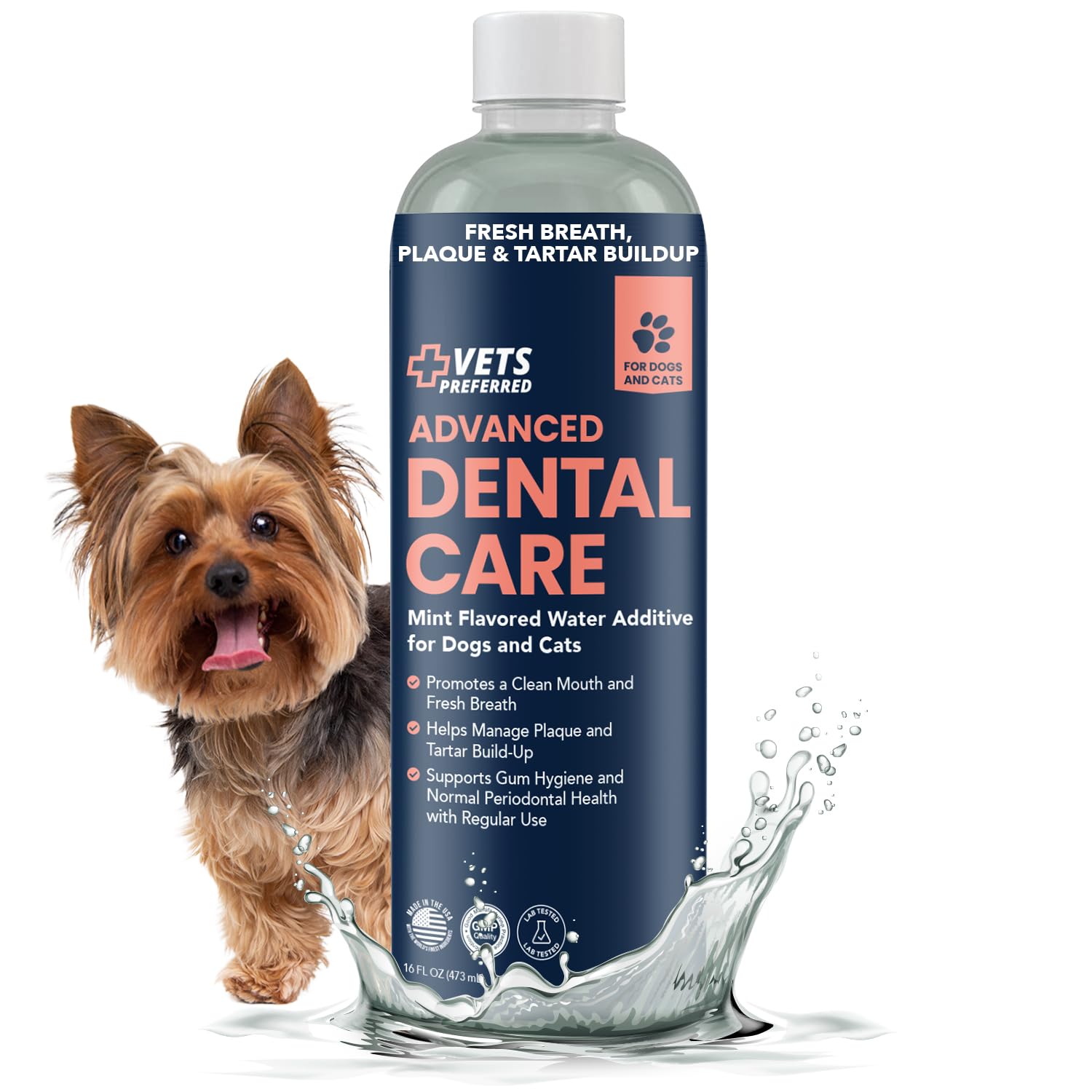 Vets Preferred Dog Breath Freshener & Water Additive for Dental Care – Fights Bad Breath, Removes Tartar & Plaque – Dog Mouthwash for Healthy Teeth & Gums, Gingivitis Support – Mint Flavor