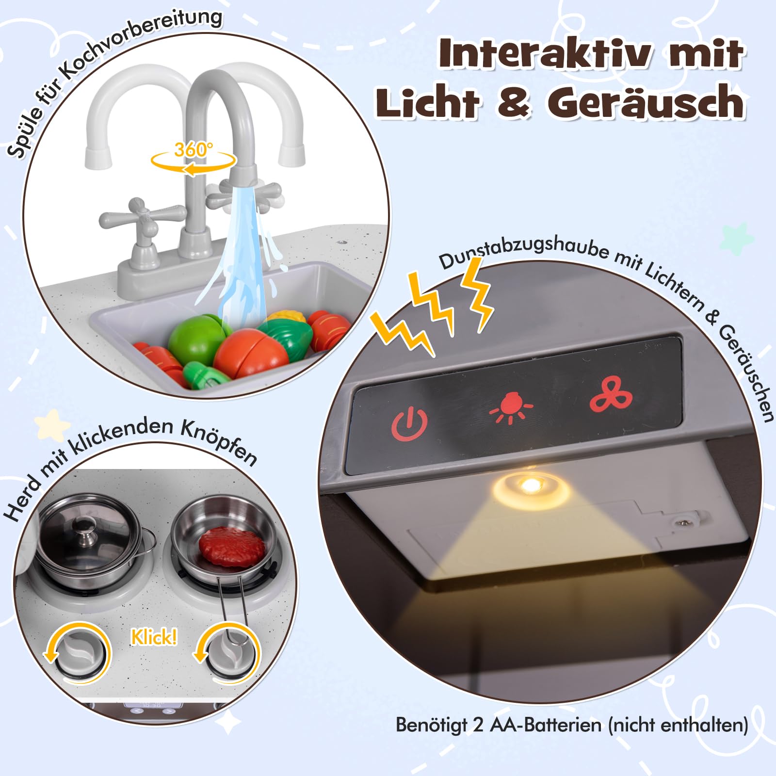 COSTWAY Kinderküche Holz, Eck Spielküche mit Licht & Sound, inkl. 7 Zubehör, Spielzeugküche mit Herd, Spüle, Eismaschine, Mikrowelle, Waschmaschine, Dunstabzugshaube, Telefon, für Kinder ab 3 Jahren