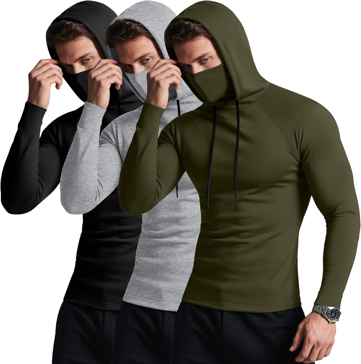 3 Pack Men's Hoodies with Mask Raglan Long Sleeve Sports Tops Compression Hooded Shirts Active Running Tees