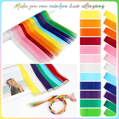 Miniatura 4 de Wodelanle Extensiones de cabello de colores, 12 piezas de extensiones de cabello con clip de 24 pulgadas, arco iris, de un solo color, para fiesta,