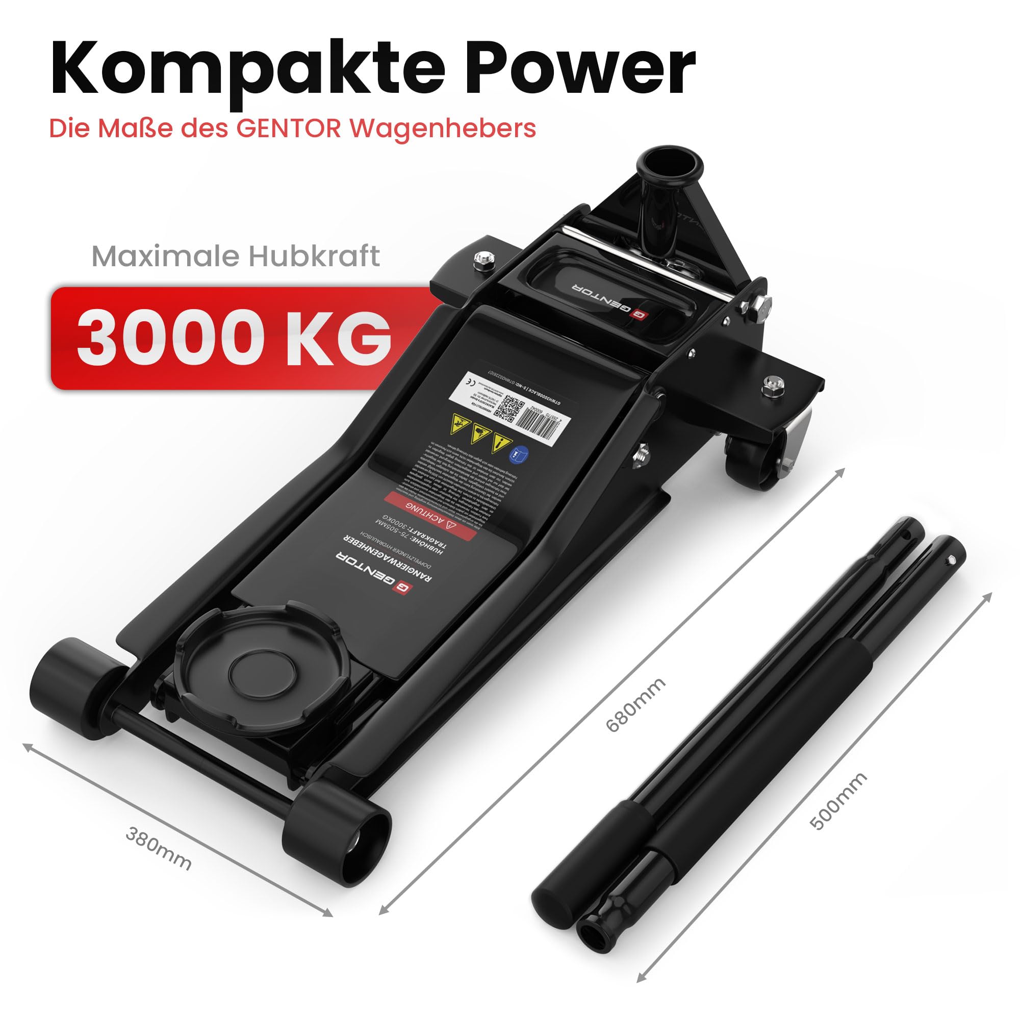 Cric hydraulique 3T - Plat 75-505 mm avec 2 patins en caoutchouc - Cric professionnel pour voiture et SUV - Avec roulettes à 360° - Noir