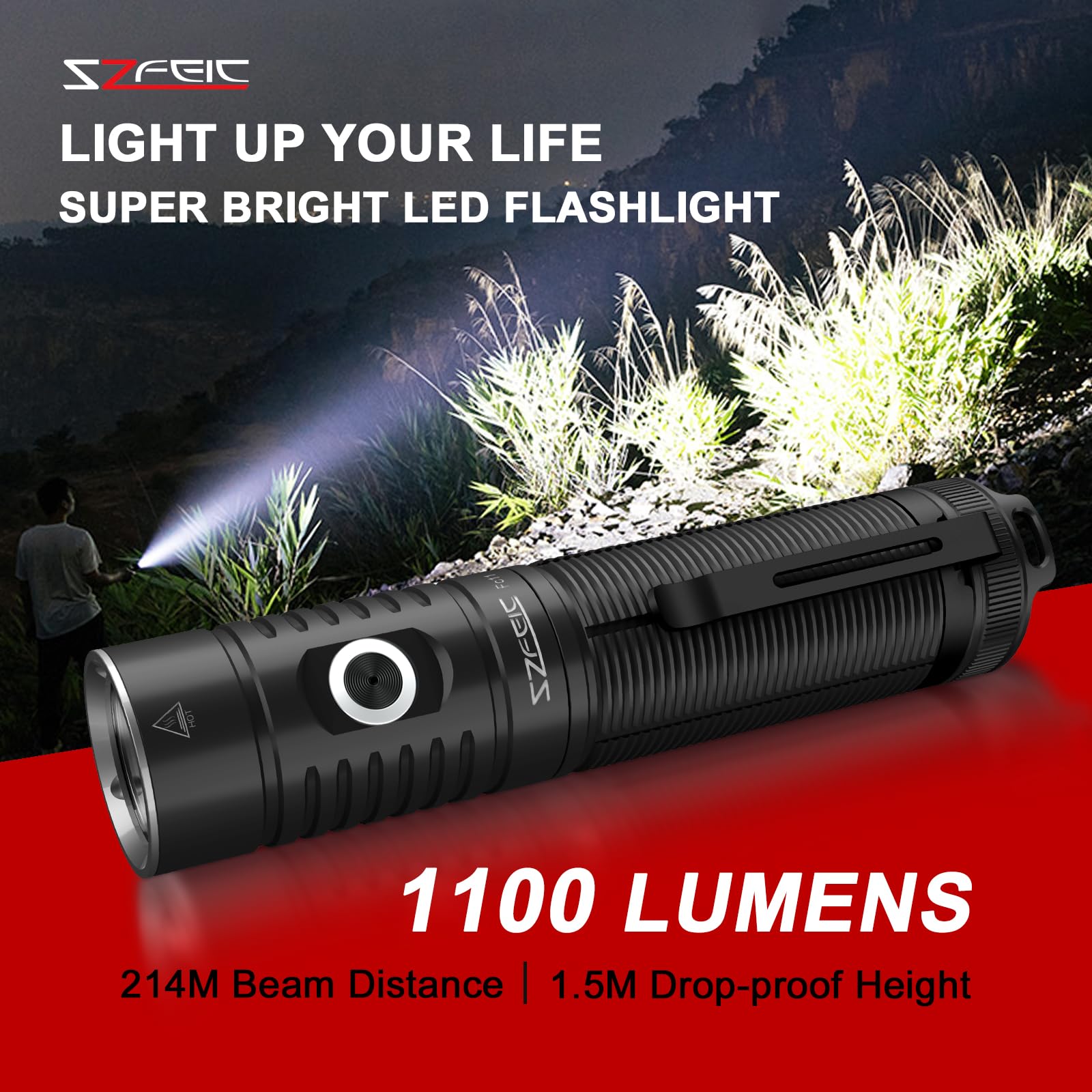 SZFEIC Rechargeable LED Flashlight – 1100 Lumens, IPX8 Waterproof, 5 Modes For Camping, Hiking & Emergencies – Bright, Portable Gift For Men & Women