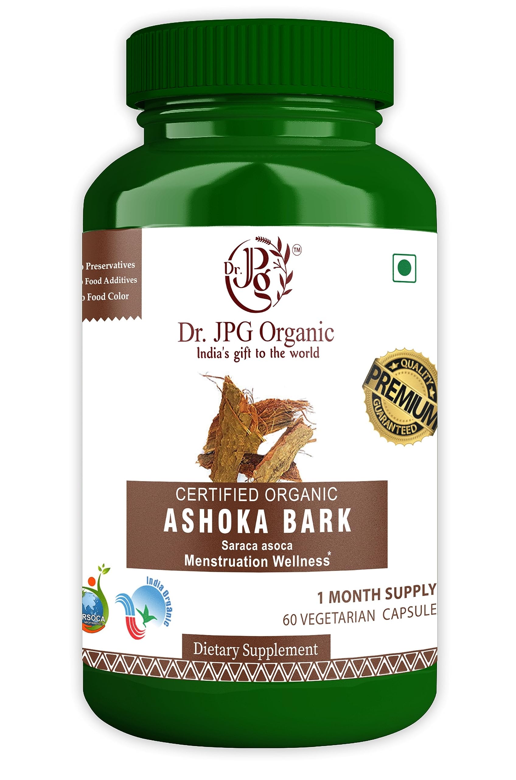 Dr. JPG Organic Ashoka Capsules 500mg 60 veg. / Saraca Indica Capsules/INDIA Organic Certified (Pack Of 1)