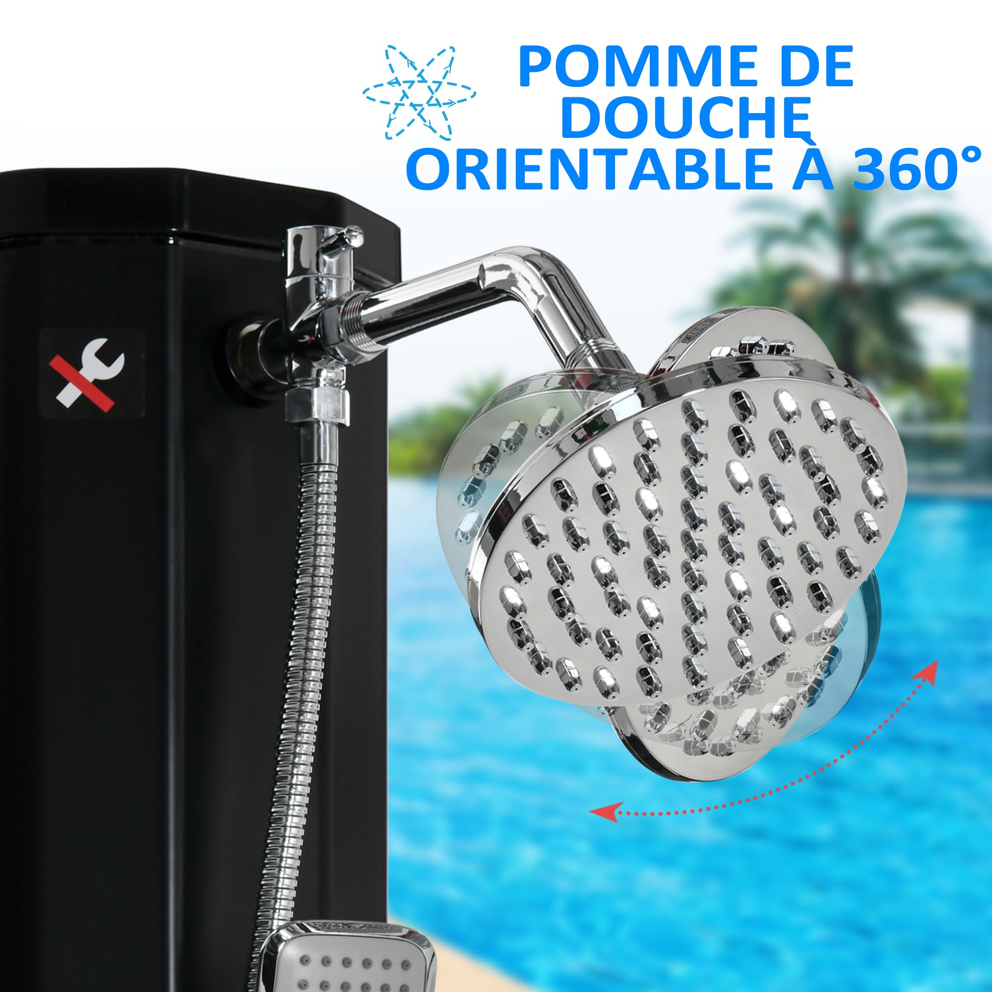 Outsunny Douche Solaire d'extérieur réservoir 35L Pression Max. 3,5 Bar - mitigeur, Grand pommeau orientable, douchette, Robinet à Pieds - Noir