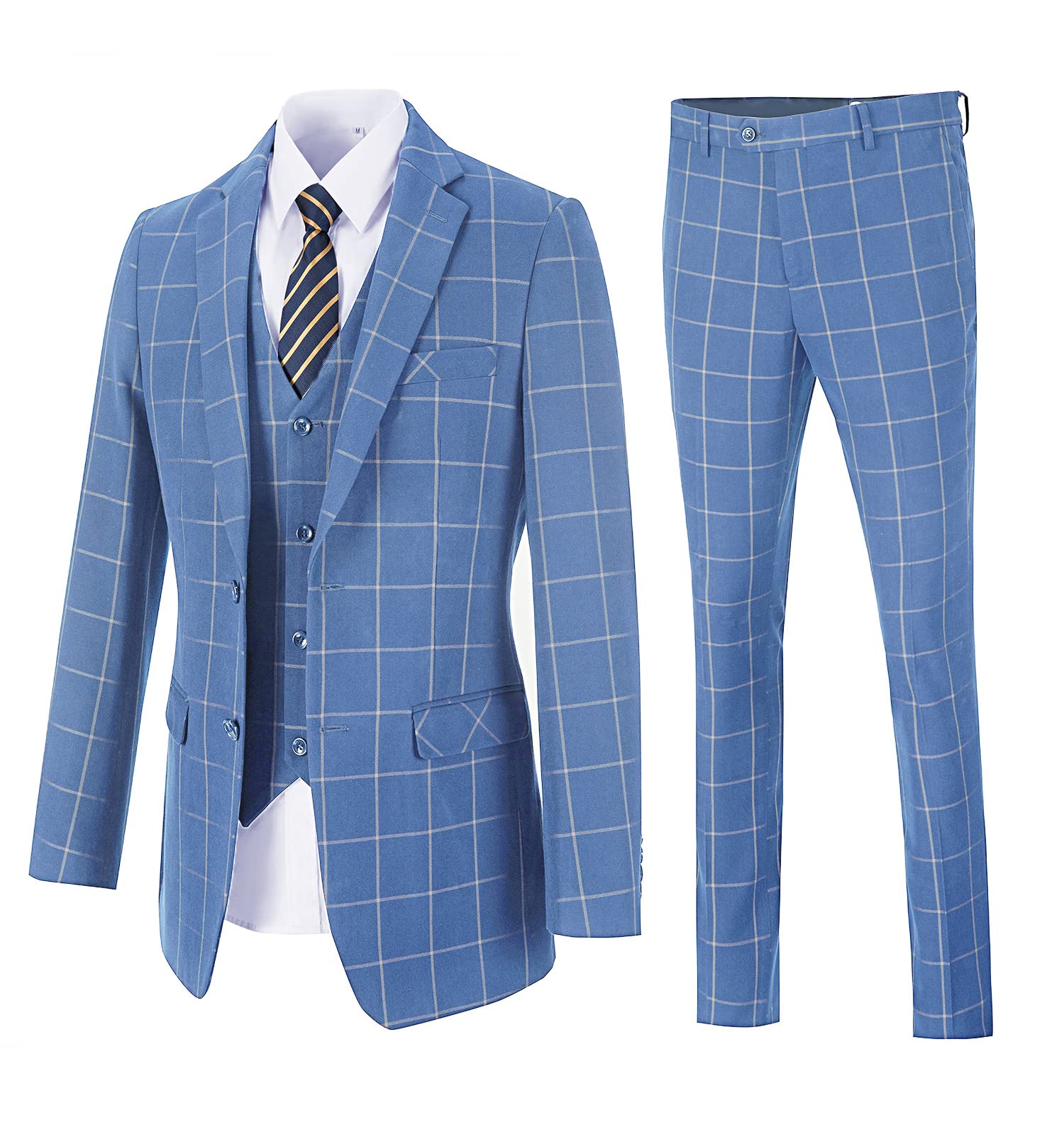 datysum Mens Suit Plaid Slim Fit 3 Pieces Checked Casual Tuxedo Formal Suits for Men Wedding Business Party Blazer Vest Pants Set-picture-39