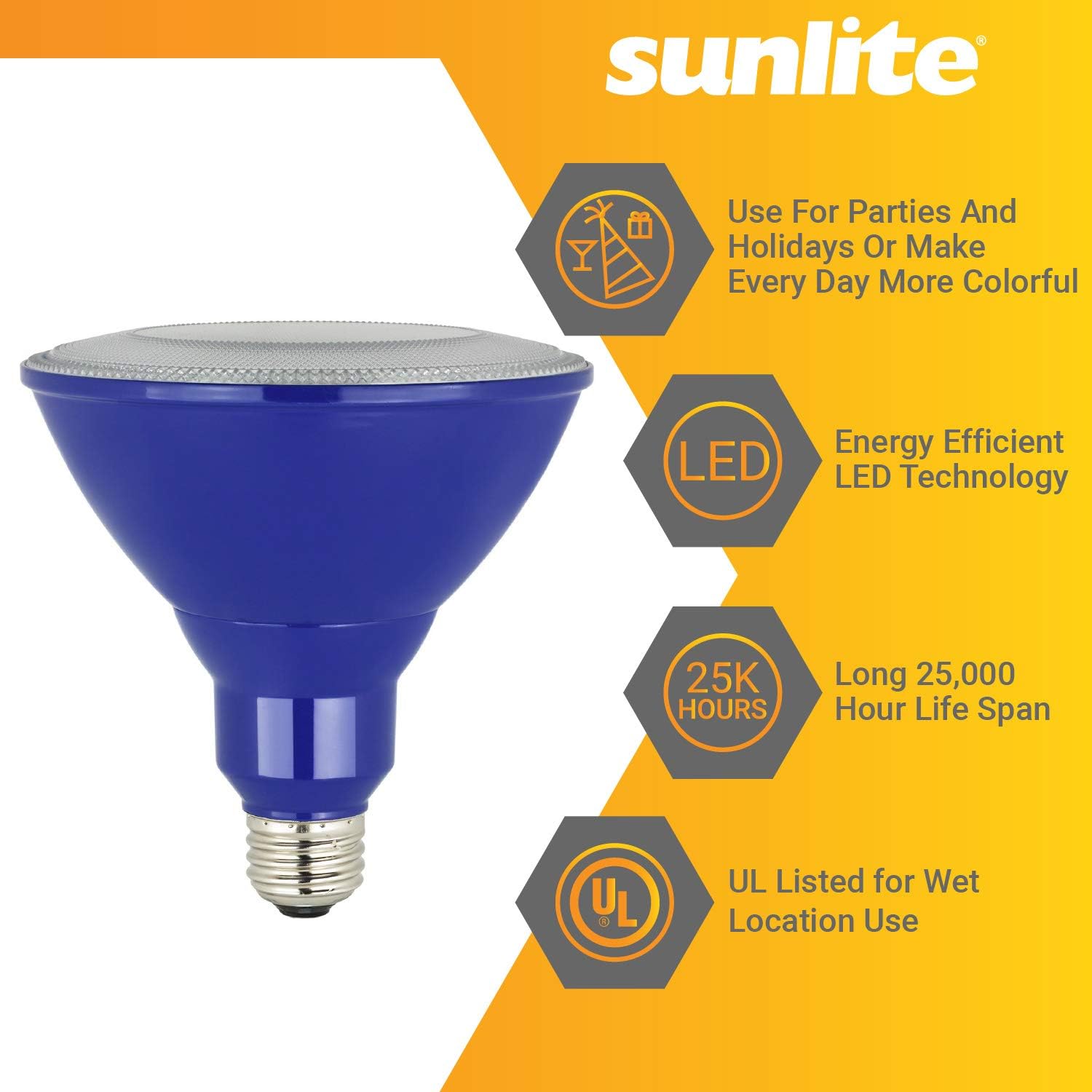 Sunlite 80550-SU LED PAR38 Colored Light Bulb, 8Watts, (75W Equivalent), E26 Medium Base, 25,000 Hour Lifespan, 1 Pack Blue