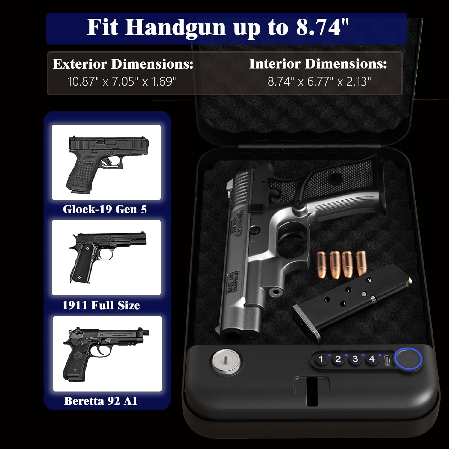 Biometric Gun Safe Travel Case, Bluetooth Portable Small Pistol Safe, Keypad for Nightstand Beside Home, Quick Access Smart Fingerprint Handgun Safe with Keys