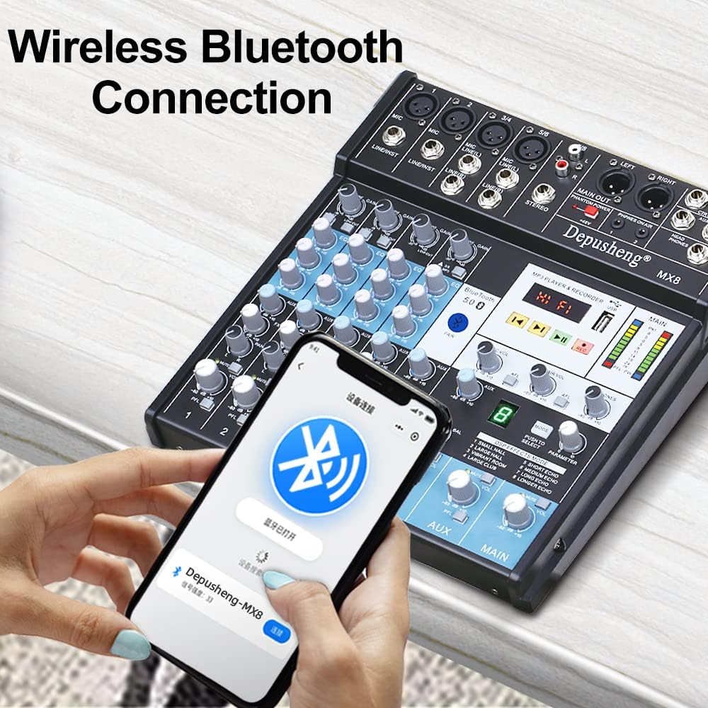 A hand holding a smartphone displaying Bluetooth settings, with 'Depusheng-MX8' visible for connection, next to the mixer.