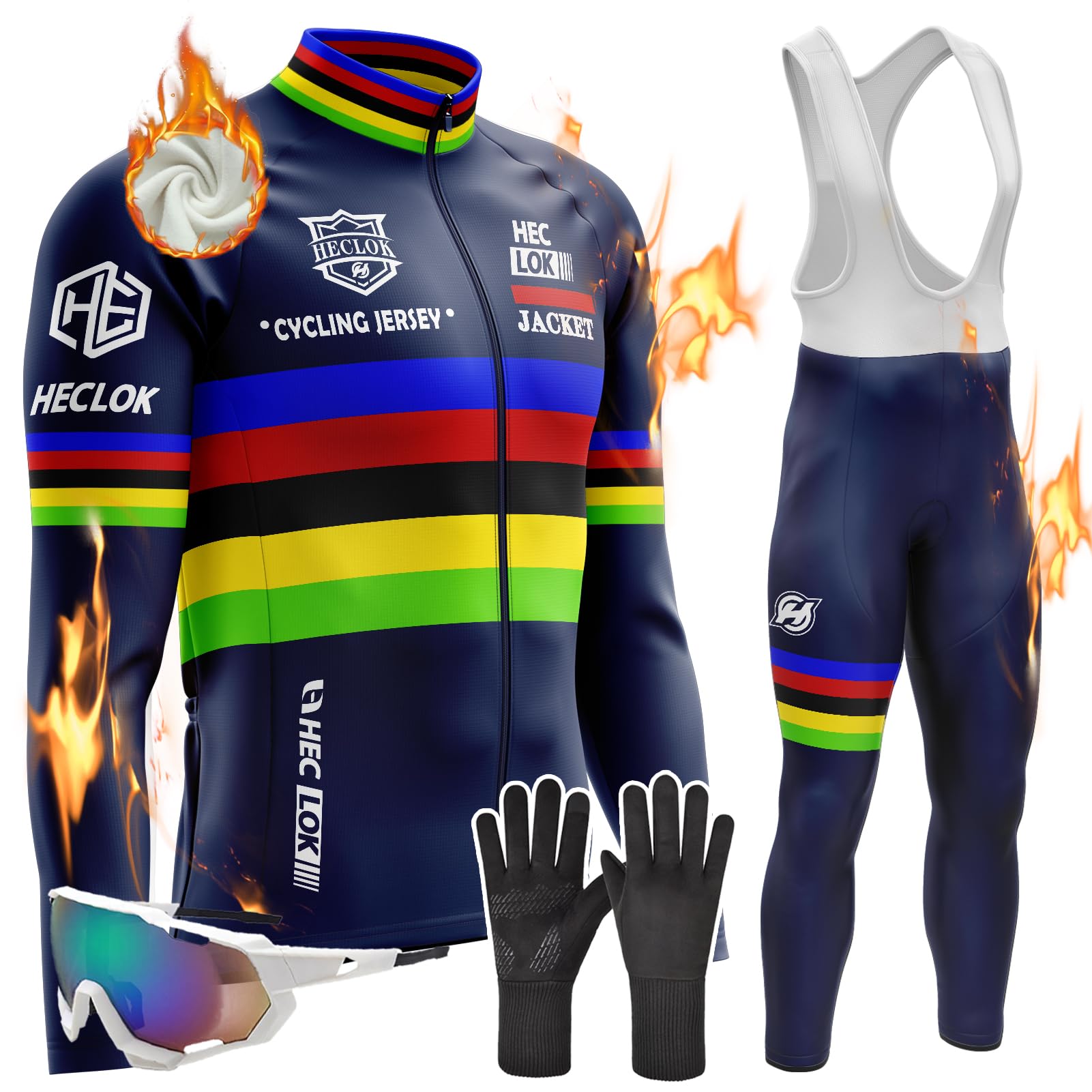 Conjunto de Maillot Ciclismo Manga Larga Hombre, Ropa de Ciclismo de Invierno Térmico para Hombre con Pantalón Acolchado de Gel 9D Y Culotte con Tirantes Polar cálido