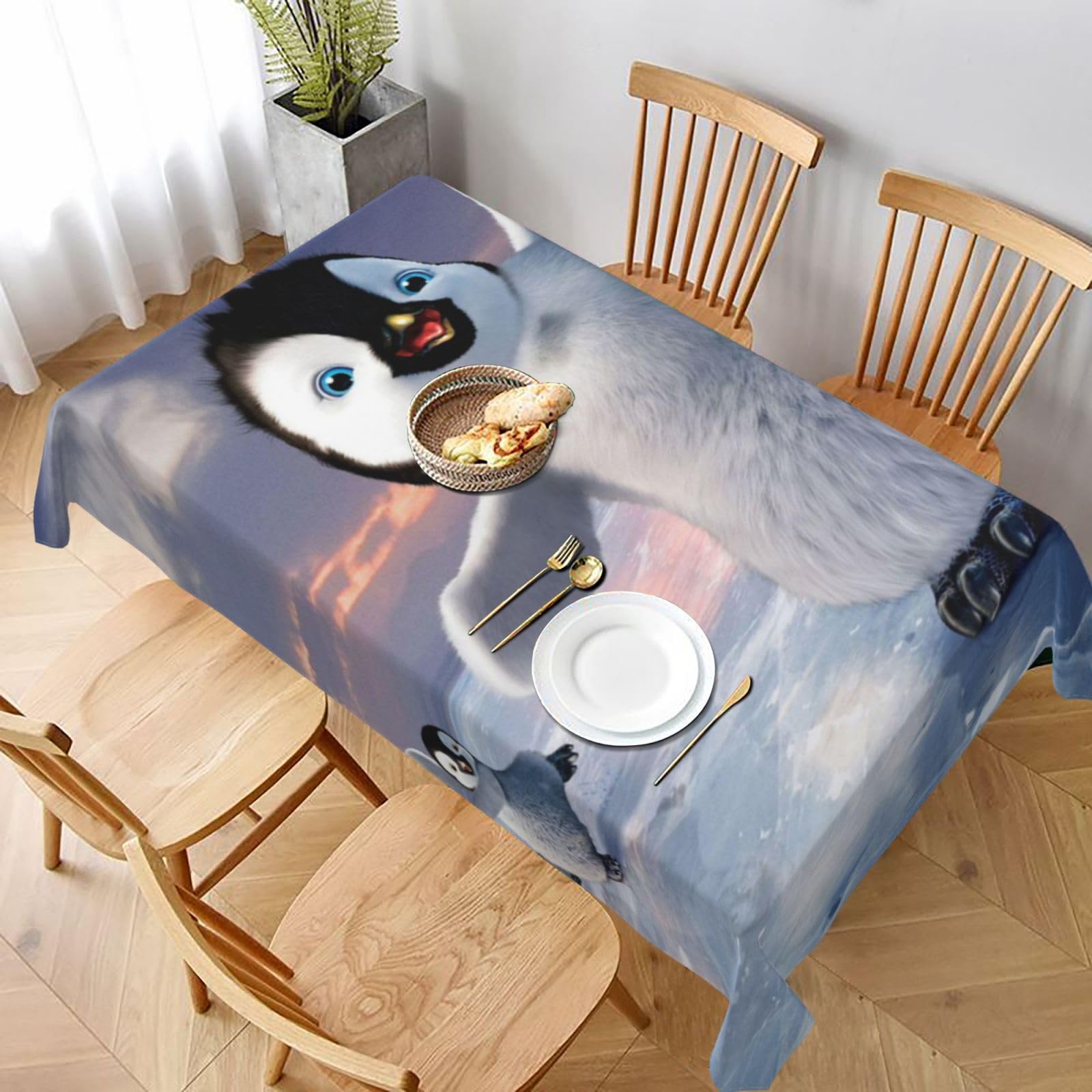 BNVSADC Happy Penguin Printed Rectangle Tablecloth 228x152 CM, Water Resistant Polyester Table Cloth Decorative Fabric Table Covers for Kitchen Dining Table Parties Camping
