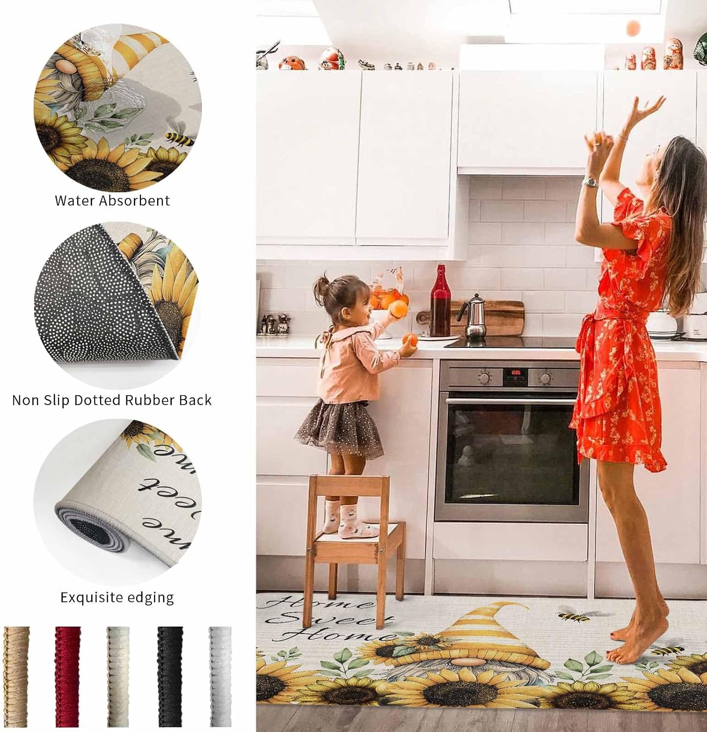 2 Pieces Kitchen Rugs and Mats,Dwarf Sunflower Bee on Linen Area Runner Rug Set Non Slip Floor Doormat Washable Carpet Standing Mat for Kitchen Sink Indoor Corridor,Vintage Farmhouse Plant Theme
