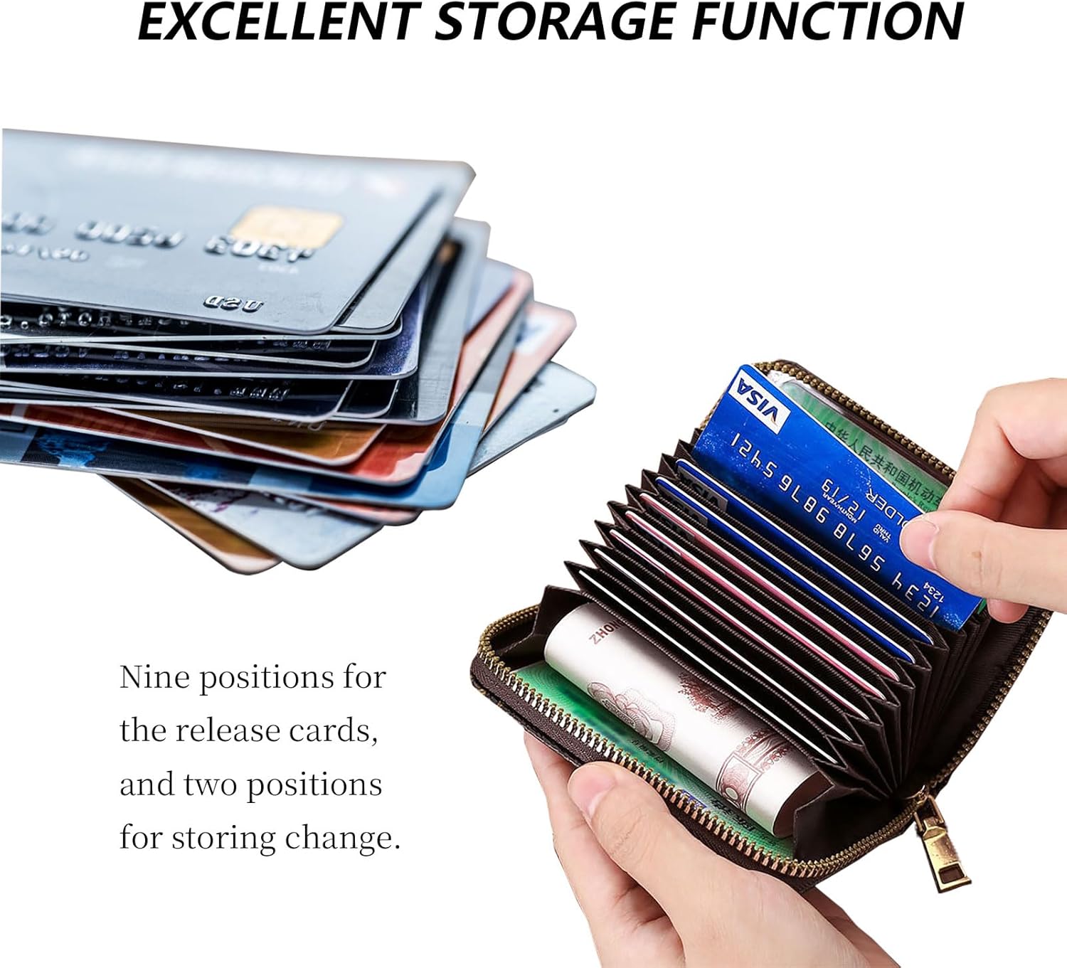 Ladies' coin card holder, zippered bank card storage box, compact and portable 11-compartment large-capacity bag, can hold banknotes, coins and credit cards. - Image 2