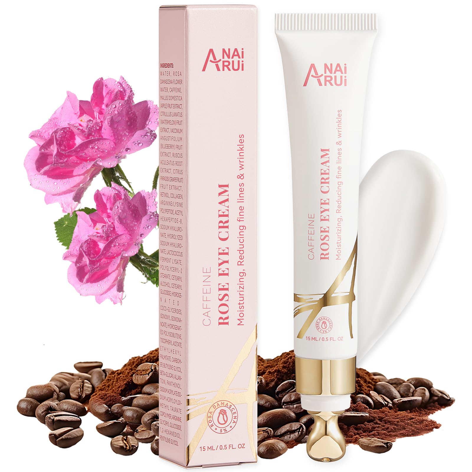 ANAiRUi Rose Under Eye Cream, Anti-Ageing Augencreme mit Koffein, feuchtigkeitsspendende, belebende Augenringe Behandlung für die Verringerung der Schwellungen, Tränensäcke, feine Linie 0.5 FL OZ