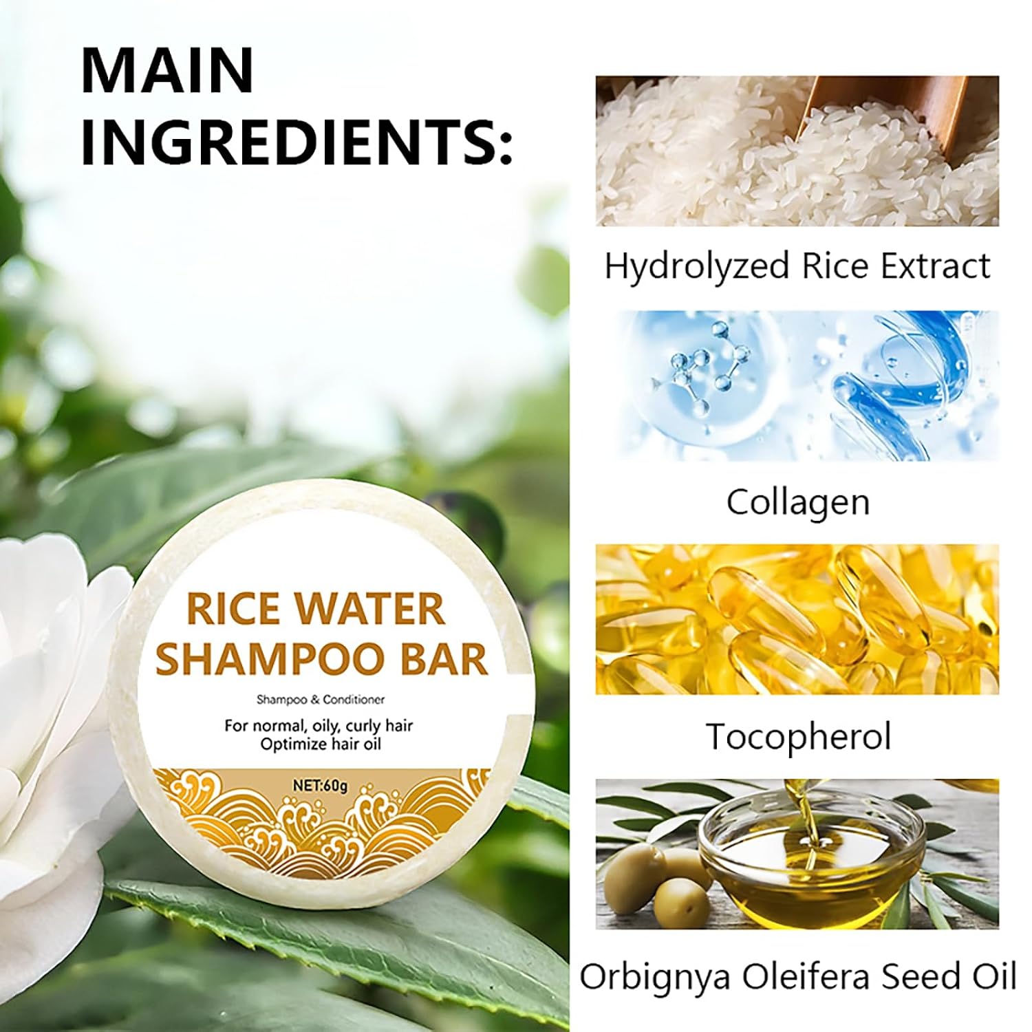 Grospe 2 Pcs Fermented Rice Water Shampoo Bar，2-in-1 Shampoo & Conditioner，Deep Cleansing, Rich Moisturizing & Strengthen Hair Roots，Suitable for All Hair Types，60g Each
