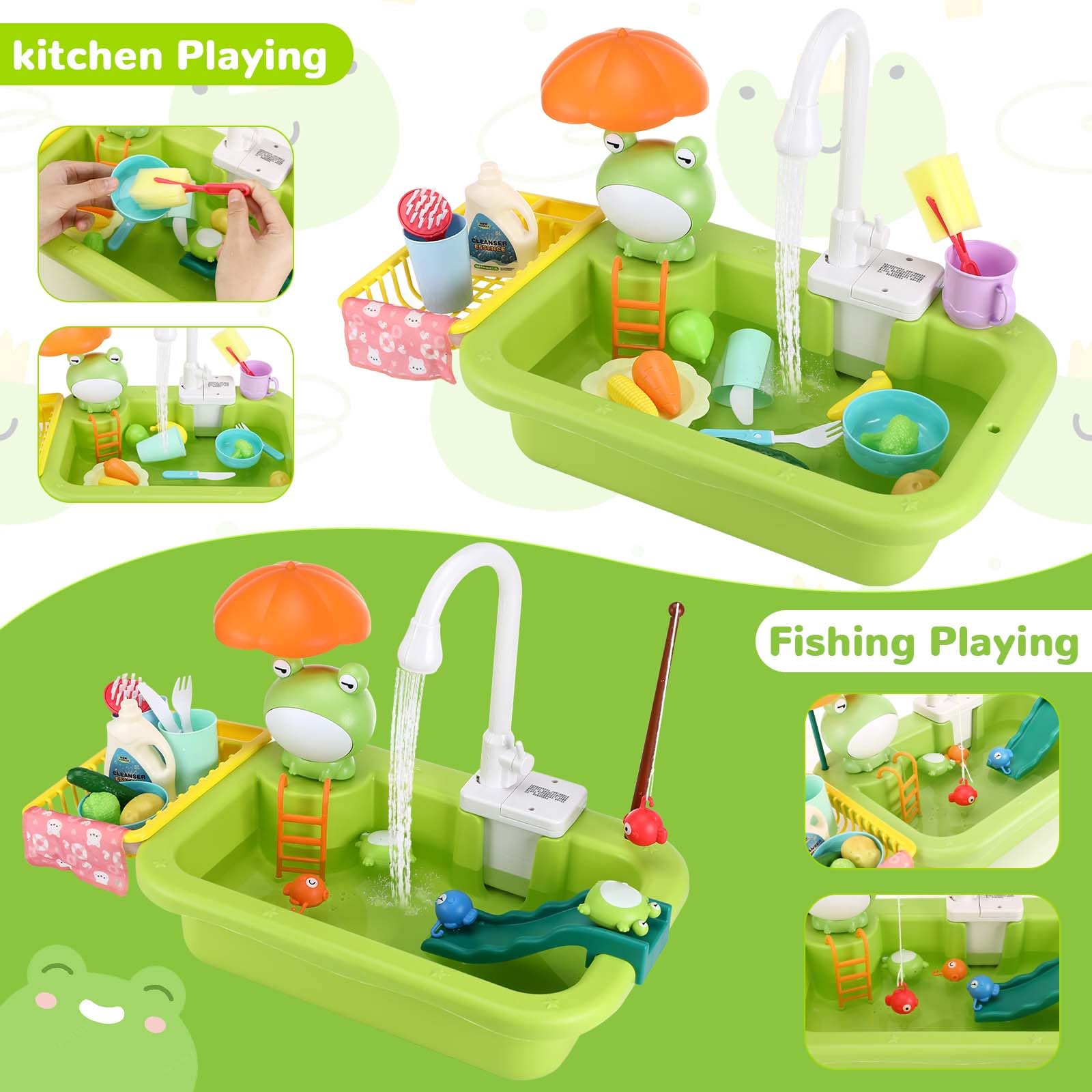 Spielspüle Spielzeug, 2 in 1 Kitchen Sink Toy Set mit Küchenspielzeugzubehör und Angelspiel, Waschbecken Kinder mit Wasserfunktion Geeignet als Geschenk für Jungen und Mädchen