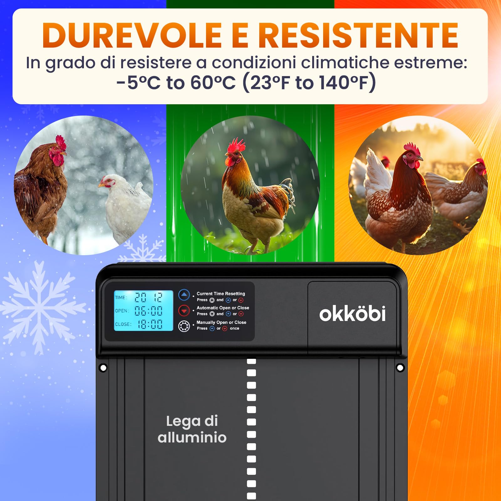 Chicken Coop Door Lite Porta Automatica per Pollaio, Schermo LCD | Batterie 3x Aa Incluse, Modalità Timer e Manuale, Sistema Anti-schicciamento, Apertura 28 X 24 CM, Due di Funzionamento