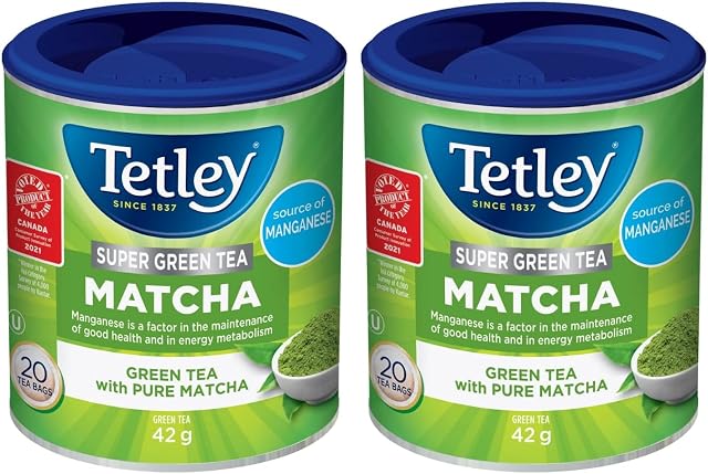 Tetley Super Green Thé Vert Matcha – Thé Vert avec Matcha Pur - 20 Sachets, 42 Grammes, Contient de la Caféine (Paquet de 2)