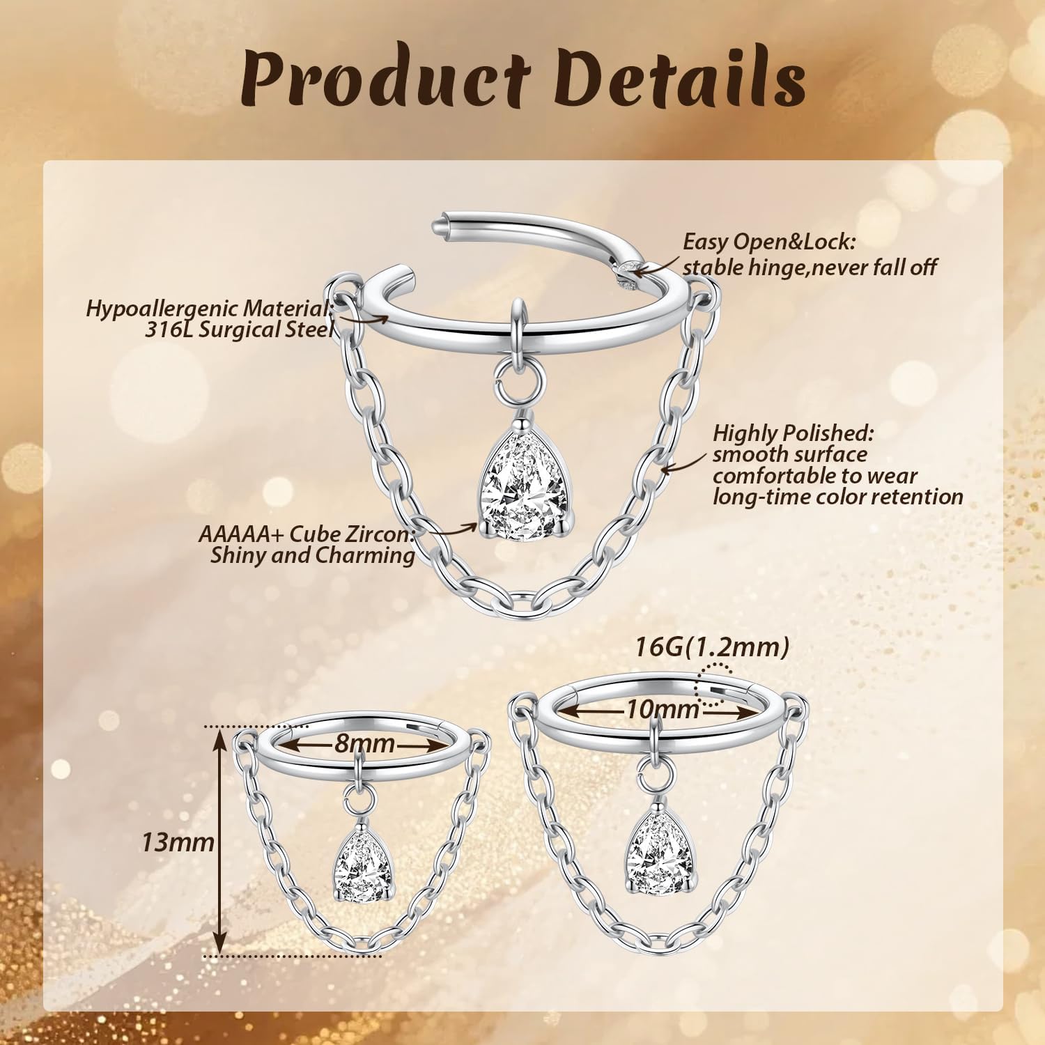 FUNLMO Dangle Conch Helix Cartilage Earlobe Orbital Piercing Jewelry 316L Surgical Steel Nose Septum Ring for Women Men